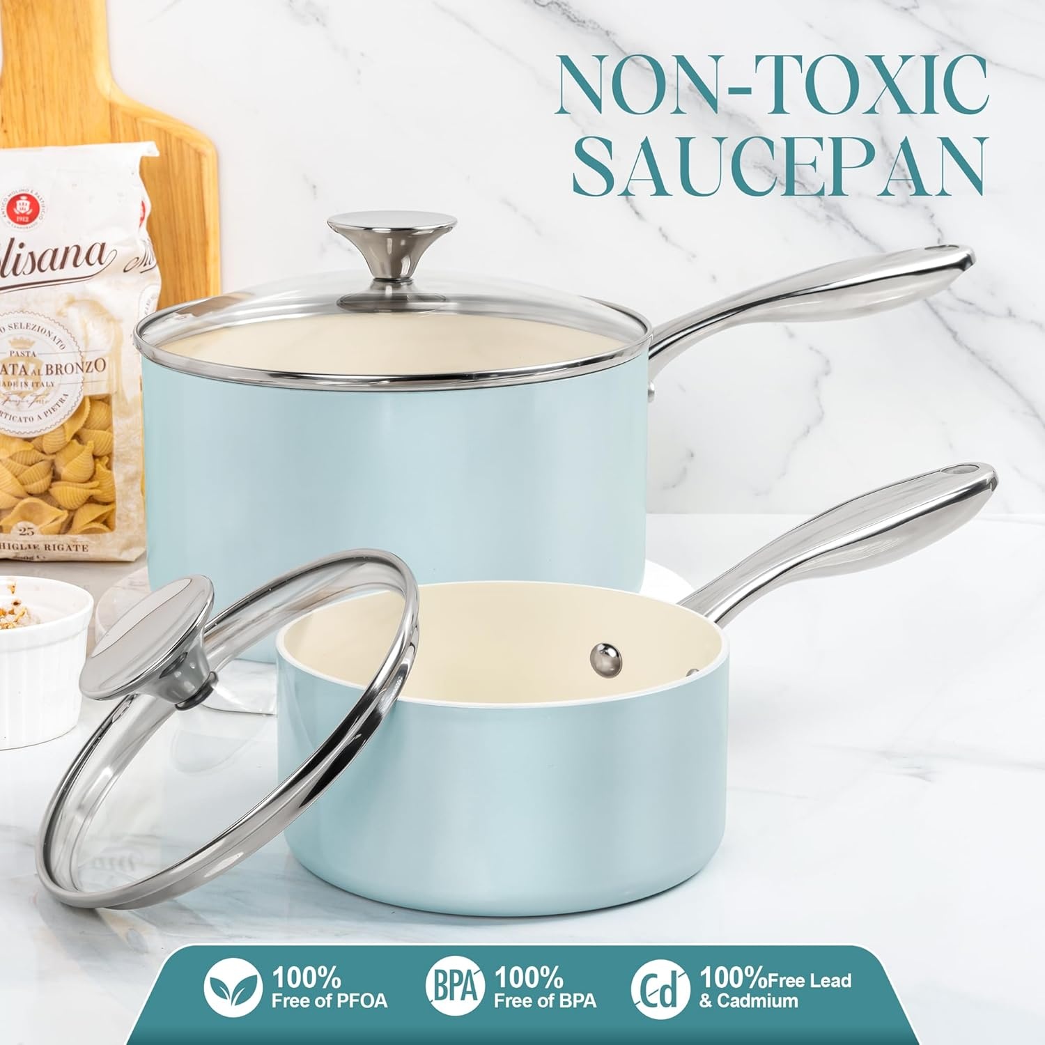 image:imageMICHELANGELO Sauce Pan with Lid Non Stick Saucepan Set of 31Qt amp 2Qt amp 3Qt Small Pots for Cooking Ceramic Saucepan NonToxic ScratchResistant Oven Safe Natural GreenLight Blue