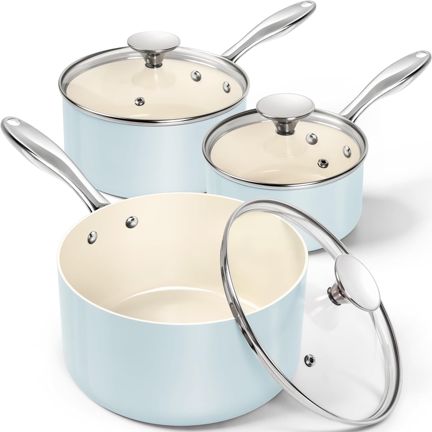 image:imageMICHELANGELO Sauce Pan with Lid Non Stick Saucepan Set of 31Qt amp 2Qt amp 3Qt Small Pots for Cooking Ceramic Saucepan NonToxic ScratchResistant Oven Safe Natural GreenLight Blue