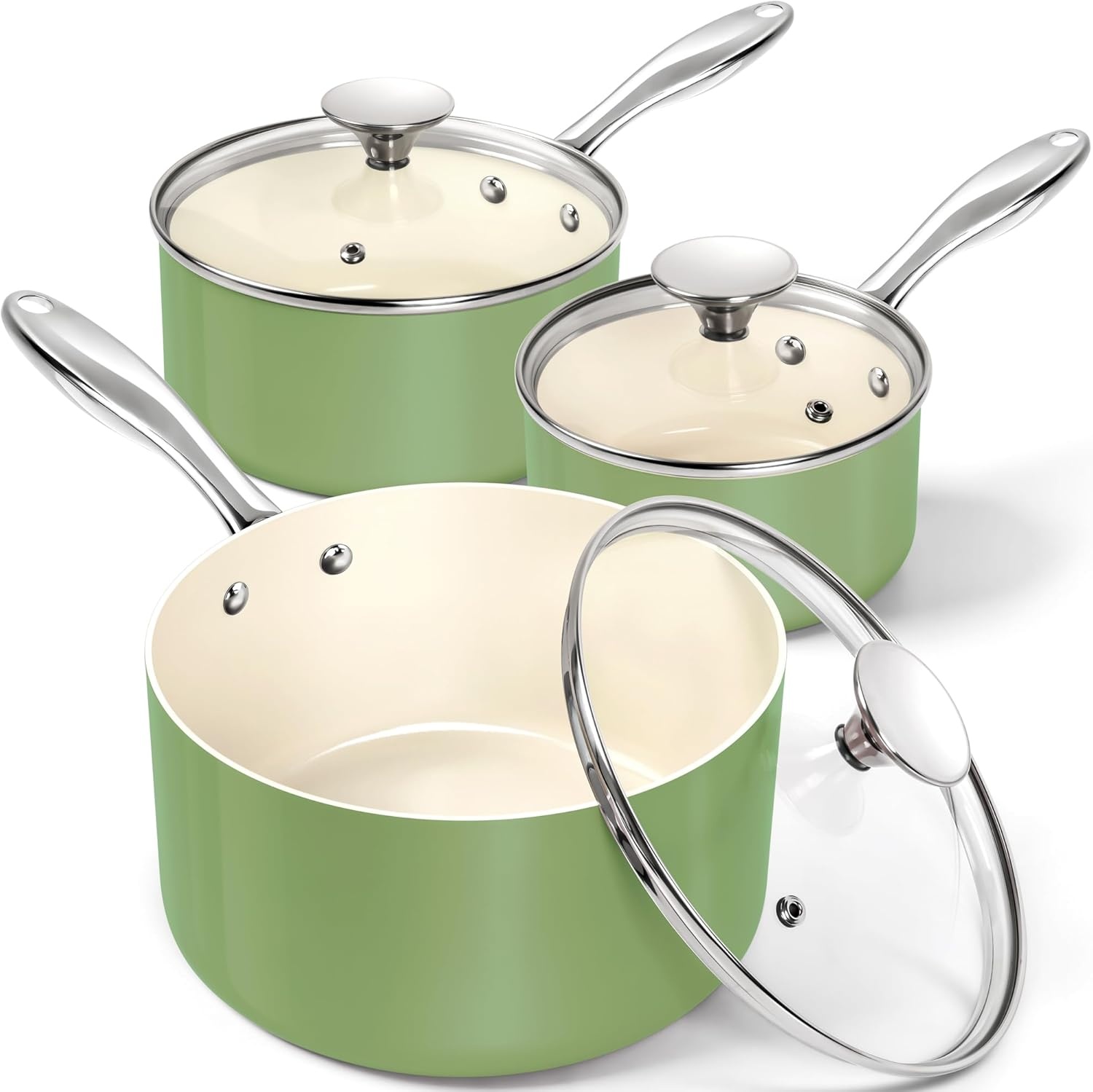 image:imageMICHELANGELO Sauce Pan with Lid Non Stick Saucepan Set of 31Qt amp 2Qt amp 3Qt Small Pots for Cooking Ceramic Saucepan NonToxic ScratchResistant Oven Safe Natural GreenNatural Green