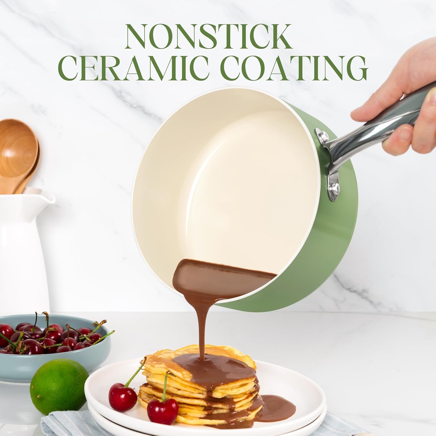 image:imageMICHELANGELO Sauce Pan with Lid Non Stick Saucepan Set of 31Qt amp 2Qt amp 3Qt Small Pots for Cooking Ceramic Saucepan NonToxic ScratchResistant Oven Safe Natural GreenNatural Green