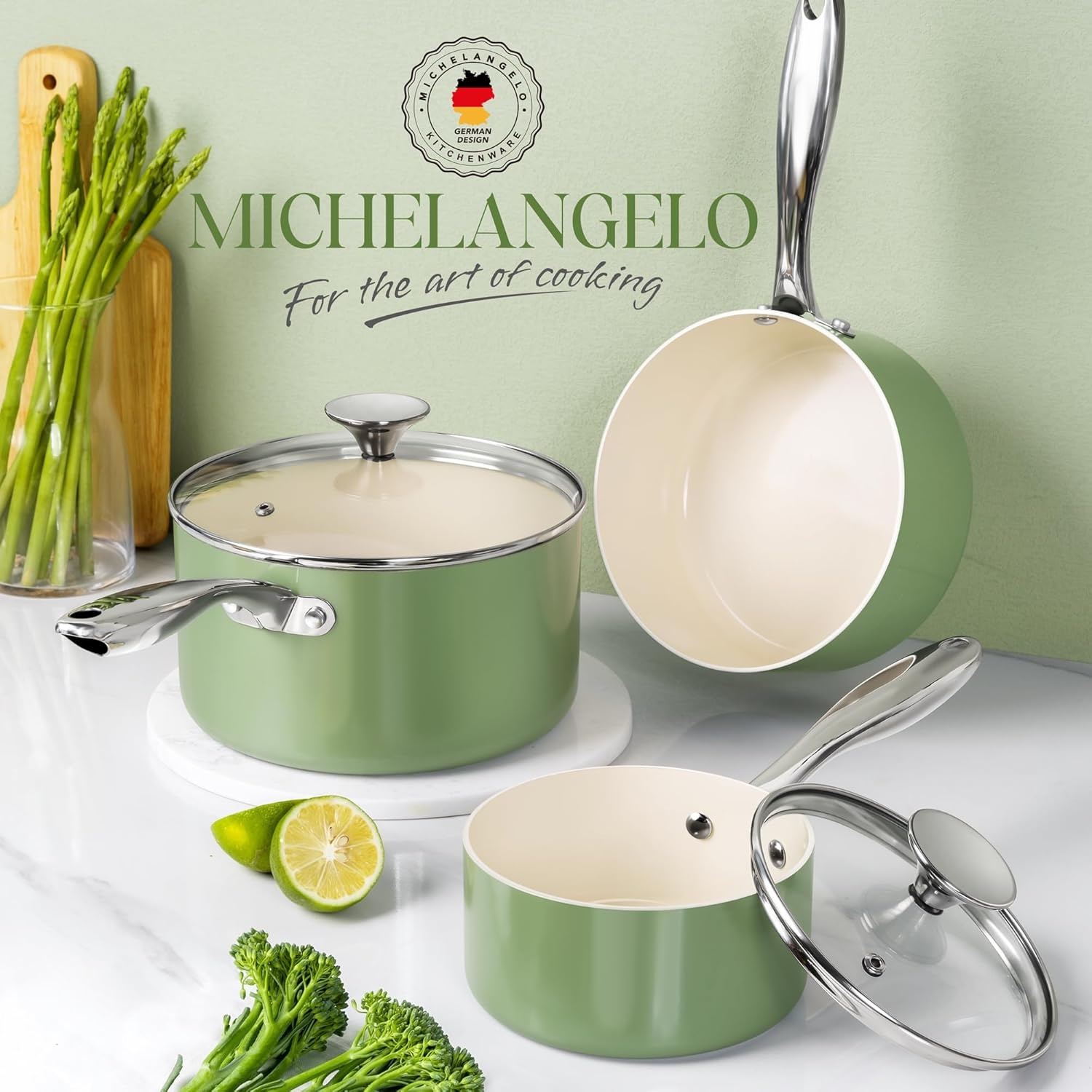 image:imageMICHELANGELO Sauce Pan with Lid Non Stick Saucepan Set of 31Qt amp 2Qt amp 3Qt Small Pots for Cooking Ceramic Saucepan NonToxic ScratchResistant Oven Safe Natural GreenNatural Green