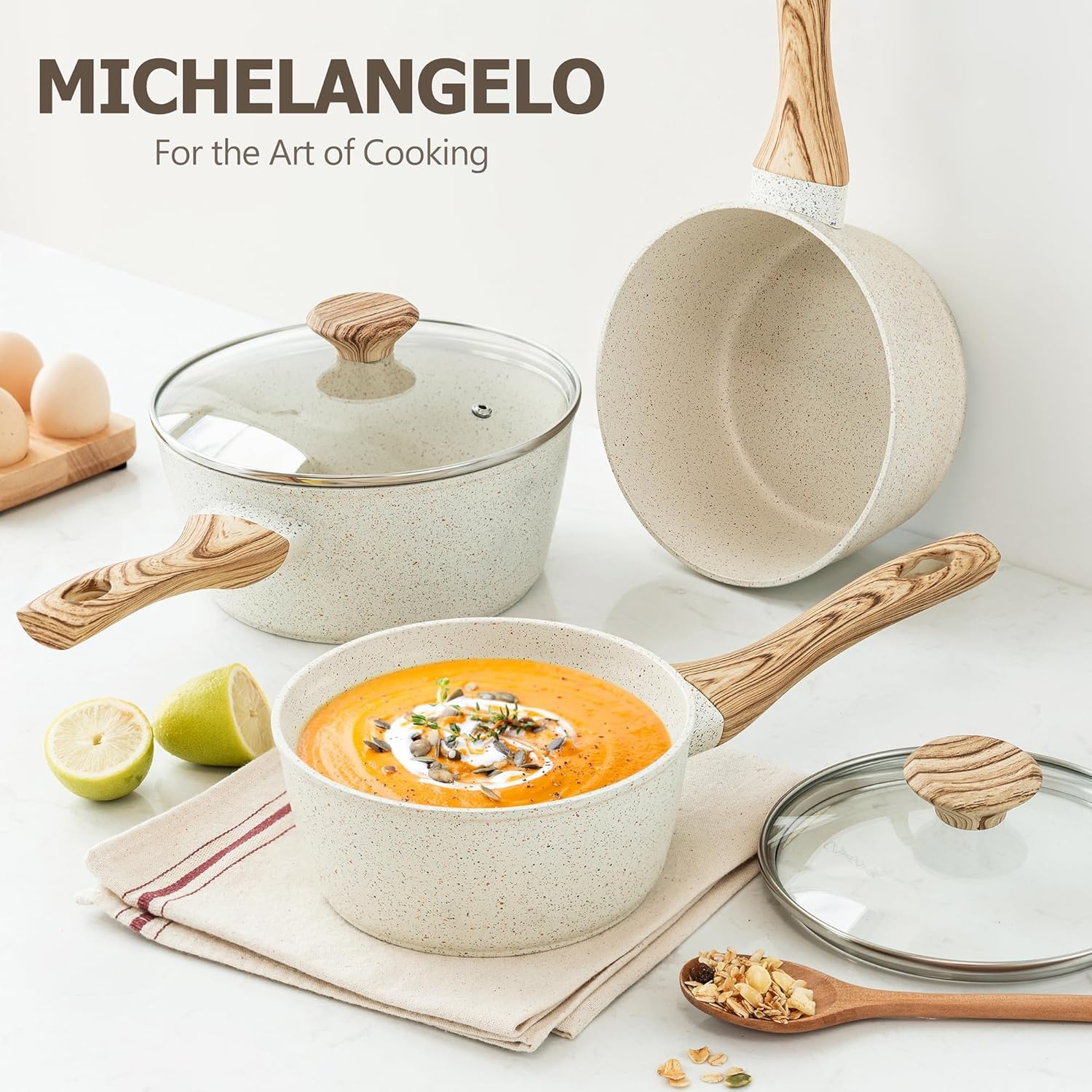 image:imageMICHELANGELO Sauce Pan with Lid Nonstick Saucepans Set 15QT 2QT amp 3QT Granite Sauce Pan 3 Piece Stone Saucepan Set Small Pot with Lid Non Stick Sauce Pot Set White