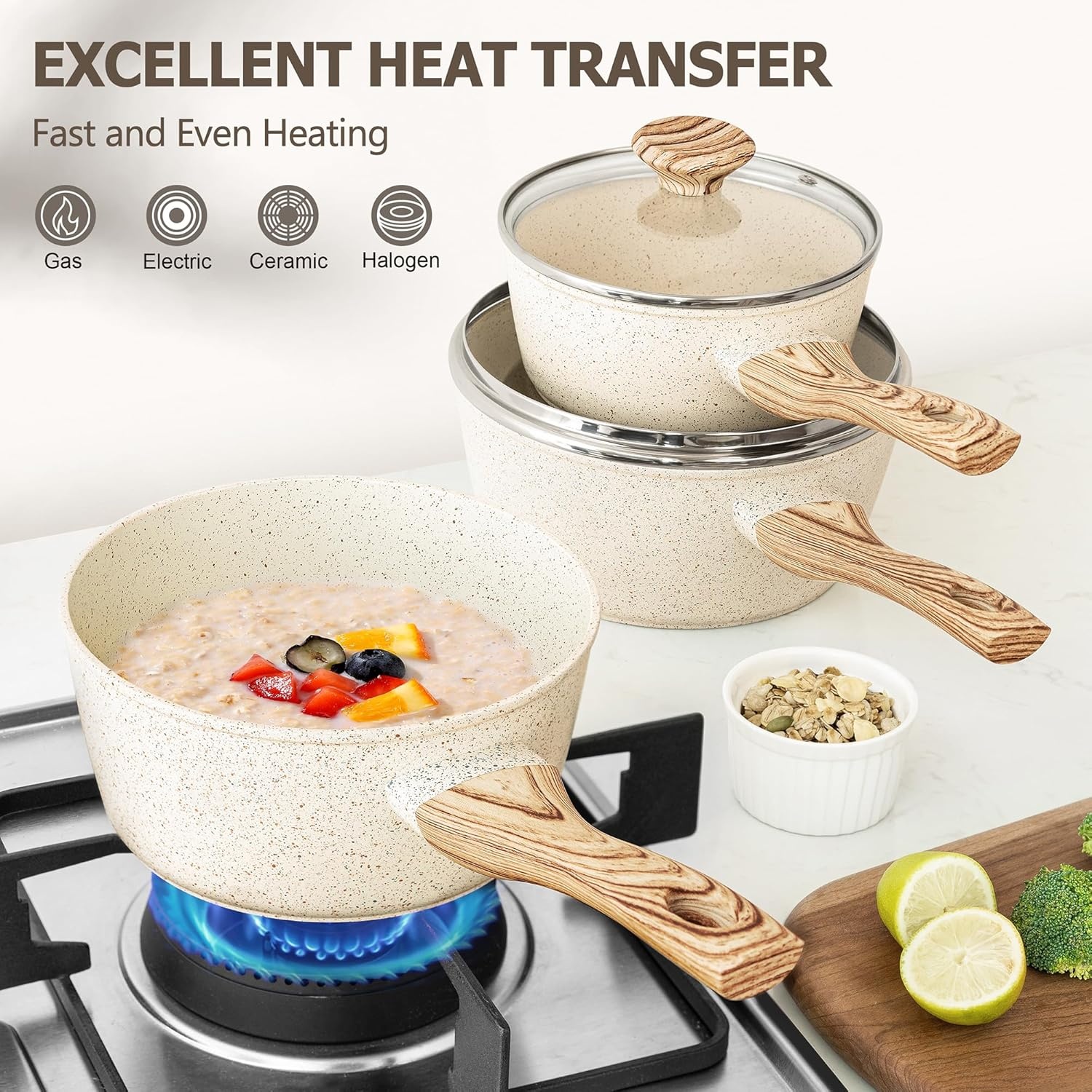 image:imageMICHELANGELO Sauce Pan with Lid Nonstick Saucepans Set 15QT 2QT amp 3QT Granite Sauce Pan 3 Piece Stone Saucepan Set Small Pot with Lid Non Stick Sauce Pot Set White