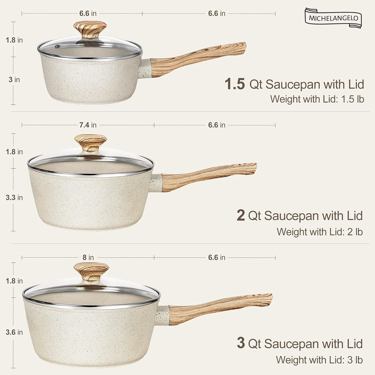 image:imageMICHELANGELO Sauce Pan with Lid Nonstick Saucepans Set 15QT 2QT amp 3QT Granite Sauce Pan 3 Piece Stone Saucepan Set Small Pot with Lid Non Stick Sauce Pot Set White