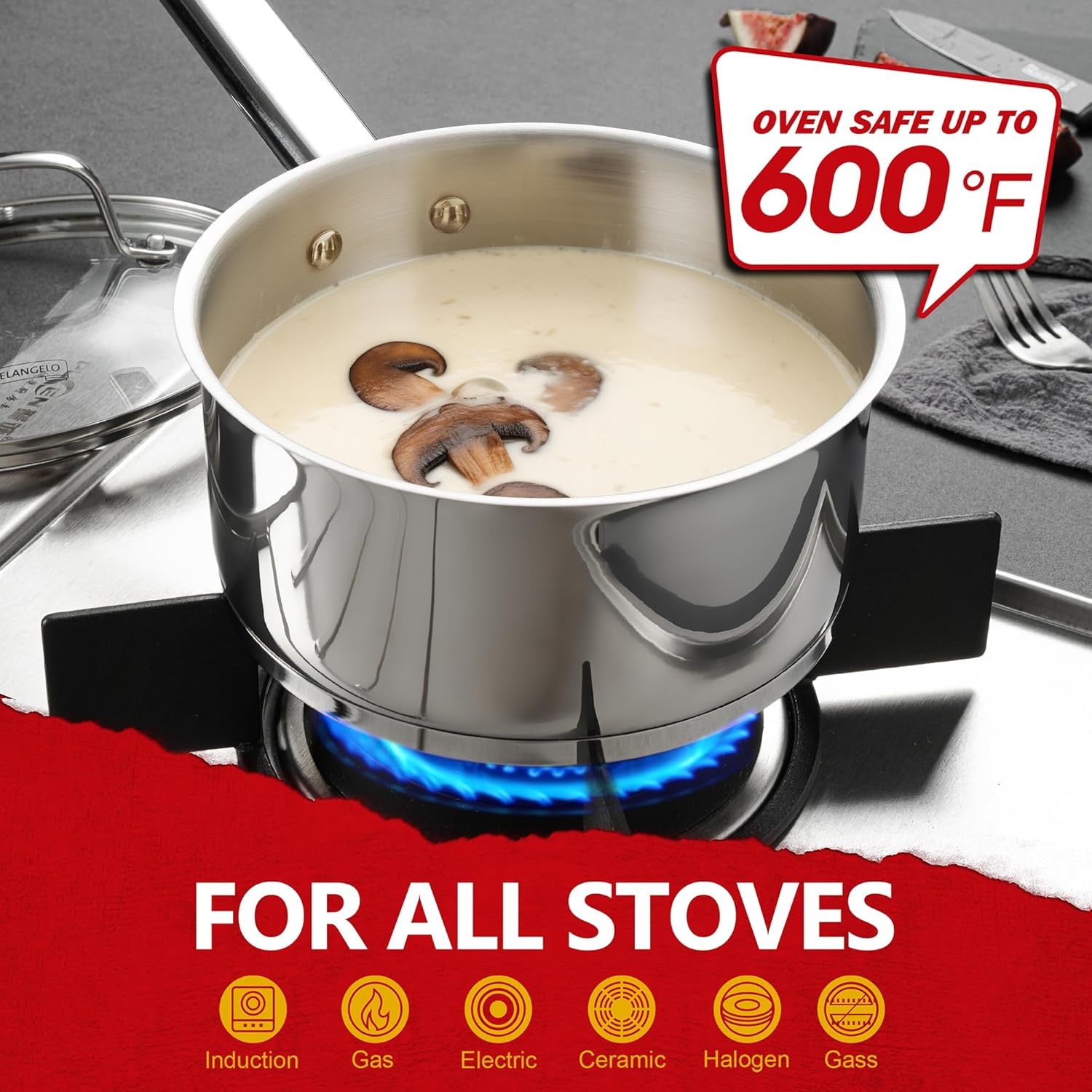 image:imageMICHELANGELO Saucepan Set 3 Sizes Stainless Steel Sauce Pan with Lid TriPly Bottom Sauce Pot Set Nonstick Saucepan Induction Compatible 1QT amp 2QT amp3QT123qt
