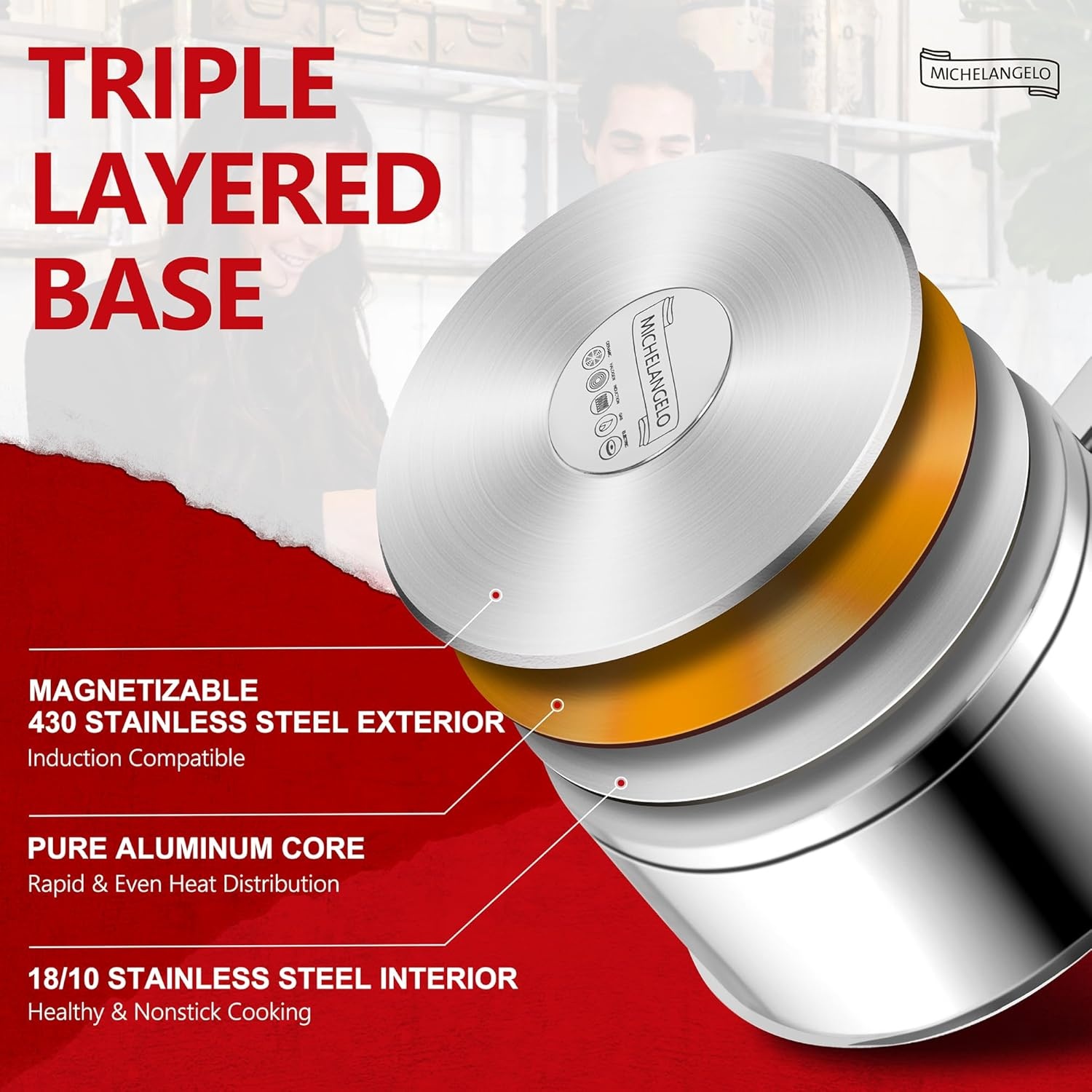 image:imageMICHELANGELO Saucepan Set 3 Sizes Stainless Steel Sauce Pan with Lid TriPly Bottom Sauce Pot Set Nonstick Saucepan Induction Compatible 1QT amp 2QT amp3QT123qt