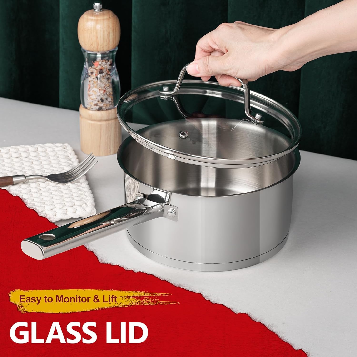 image:imageMICHELANGELO Saucepan Set 3 Sizes Stainless Steel Sauce Pan with Lid TriPly Bottom Sauce Pot Set Nonstick Saucepan Induction Compatible 1QT amp 2QT amp3QT123qt