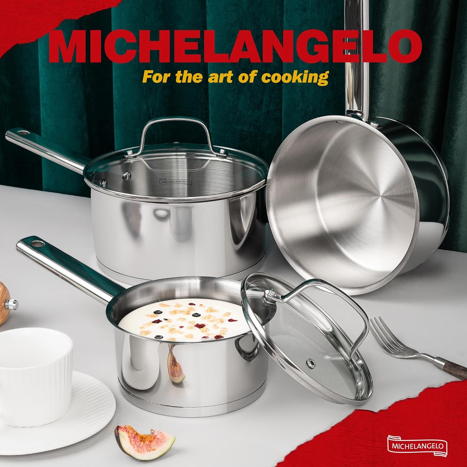 image:imageMICHELANGELO Saucepan Set 3 Sizes Stainless Steel Sauce Pan with Lid TriPly Bottom Sauce Pot Set Nonstick Saucepan Induction Compatible 1QT amp 2QT amp3QT123qt