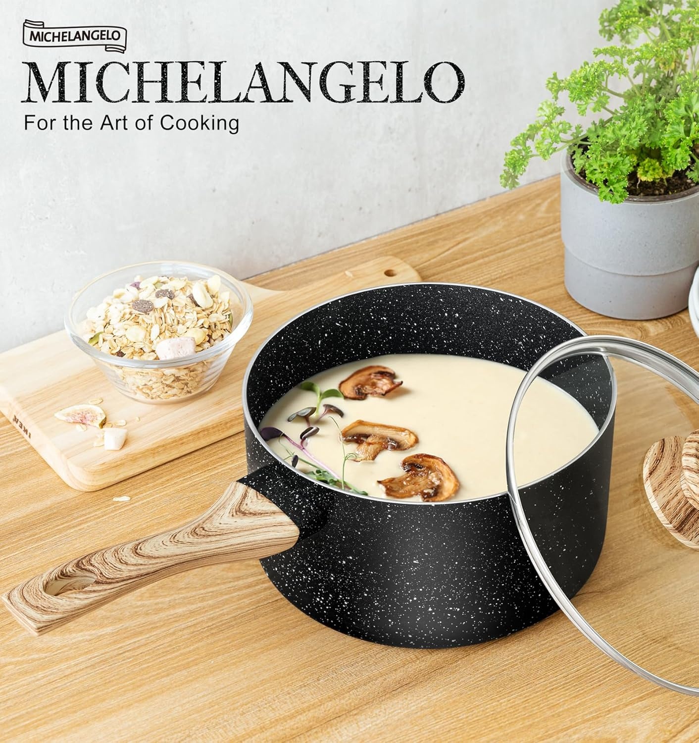 image:imageMICHELANGELO Saucepan Set 3Piece Nonstick Sauce Pans with Lids 1QT 2QT 3QT Black Granite Stone3 Quarts