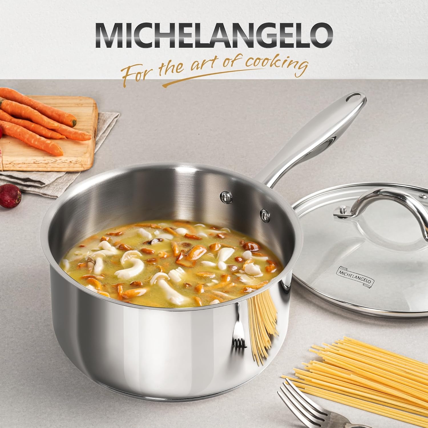 image:imageMICHELANGELO Saucepan Set 6pc 1810 Stainless Steel Sauce Pan with Lid TriPly Bottom Sauce Pot Set Nonstick Saucepan Induction Compatible 1QT amp 2QT amp3QTTriPly Bottom