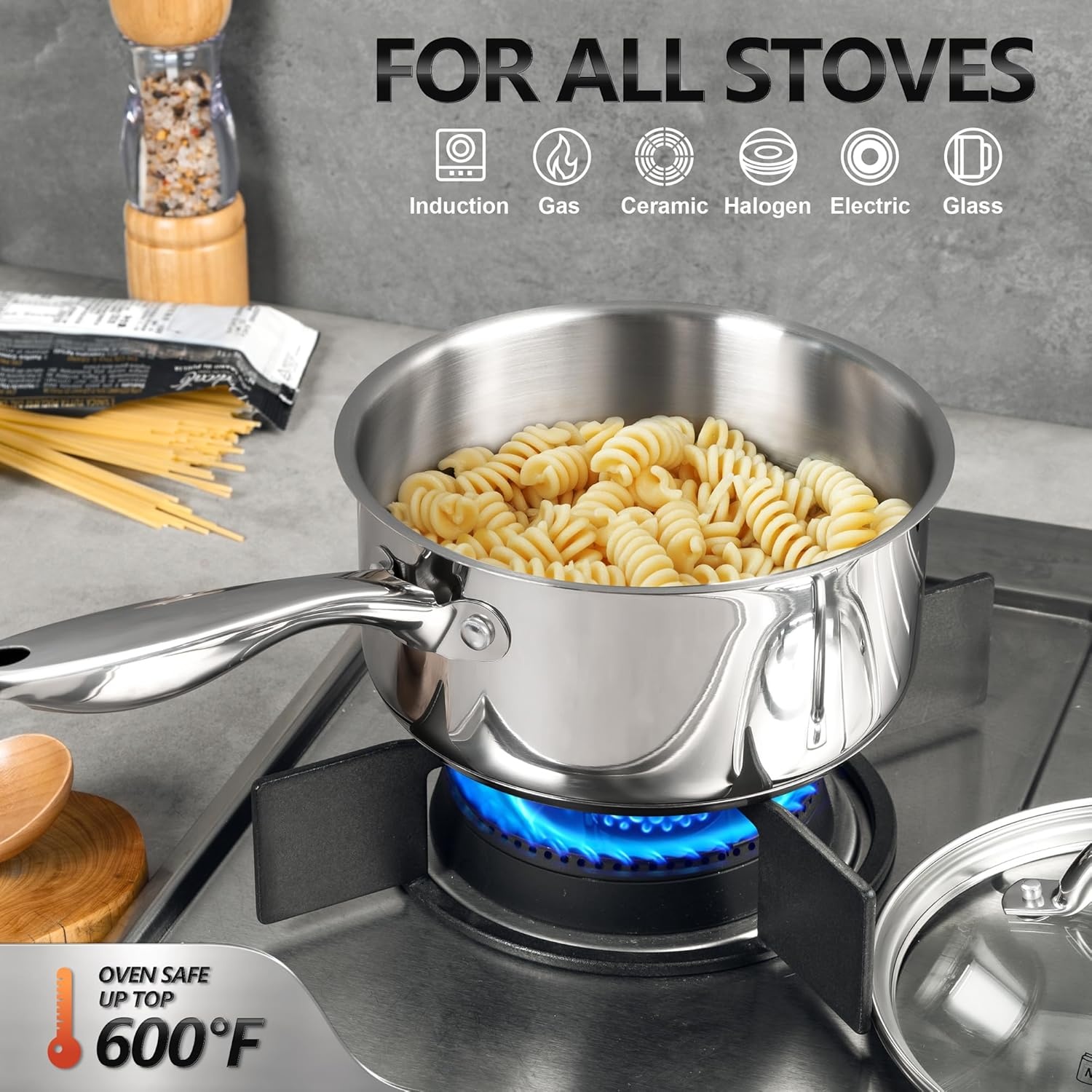 image:imageMICHELANGELO Saucepan Set 6pc 1810 Stainless Steel Sauce Pan with Lid TriPly Bottom Sauce Pot Set Nonstick Saucepan Induction Compatible 1QT amp 2QT amp3QTTriPly Bottom
