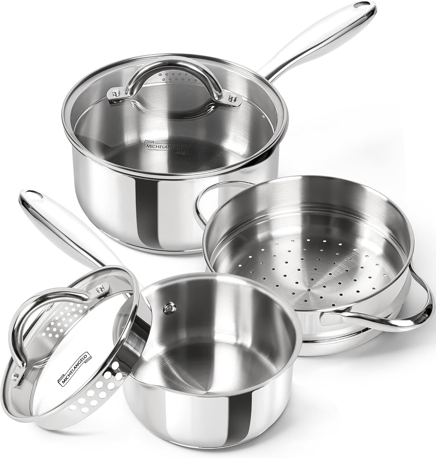 image:imageMICHELANGELO Saucepan Set 6pc 1810 Stainless Steel Sauce Pan with Lid TriPly Bottom Sauce Pot Set Nonstick Saucepan Induction Compatible 1QT amp 2QT amp3QTTriPly Bottom
