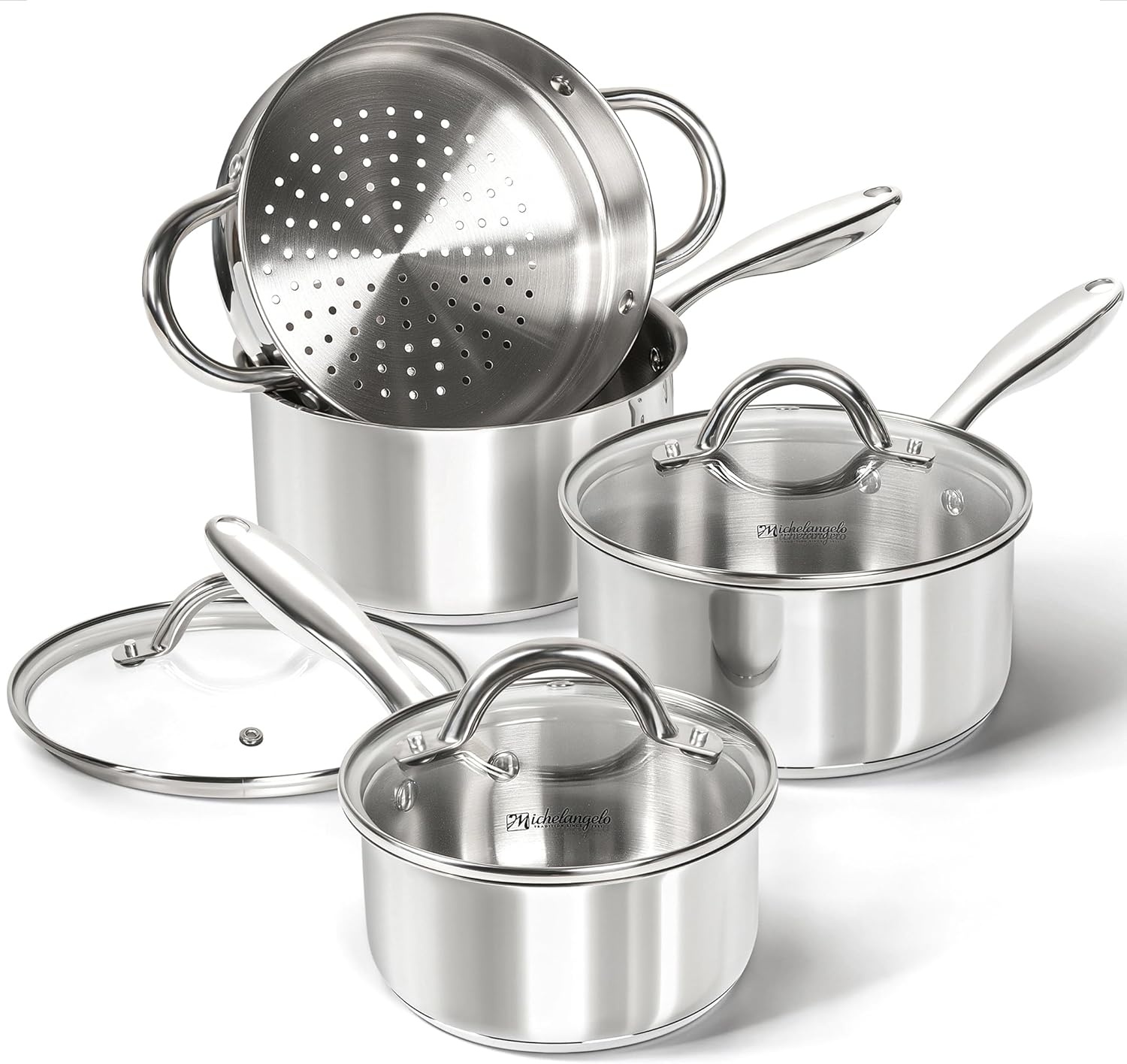 image:imageMICHELANGELO Saucepan Set 6pc 1810 Stainless Steel Sauce Pan with Lid TriPly Bottom Sauce Pot Set Nonstick Saucepan Induction Compatible 1QT amp 2QT amp3QTTriPly Bottom