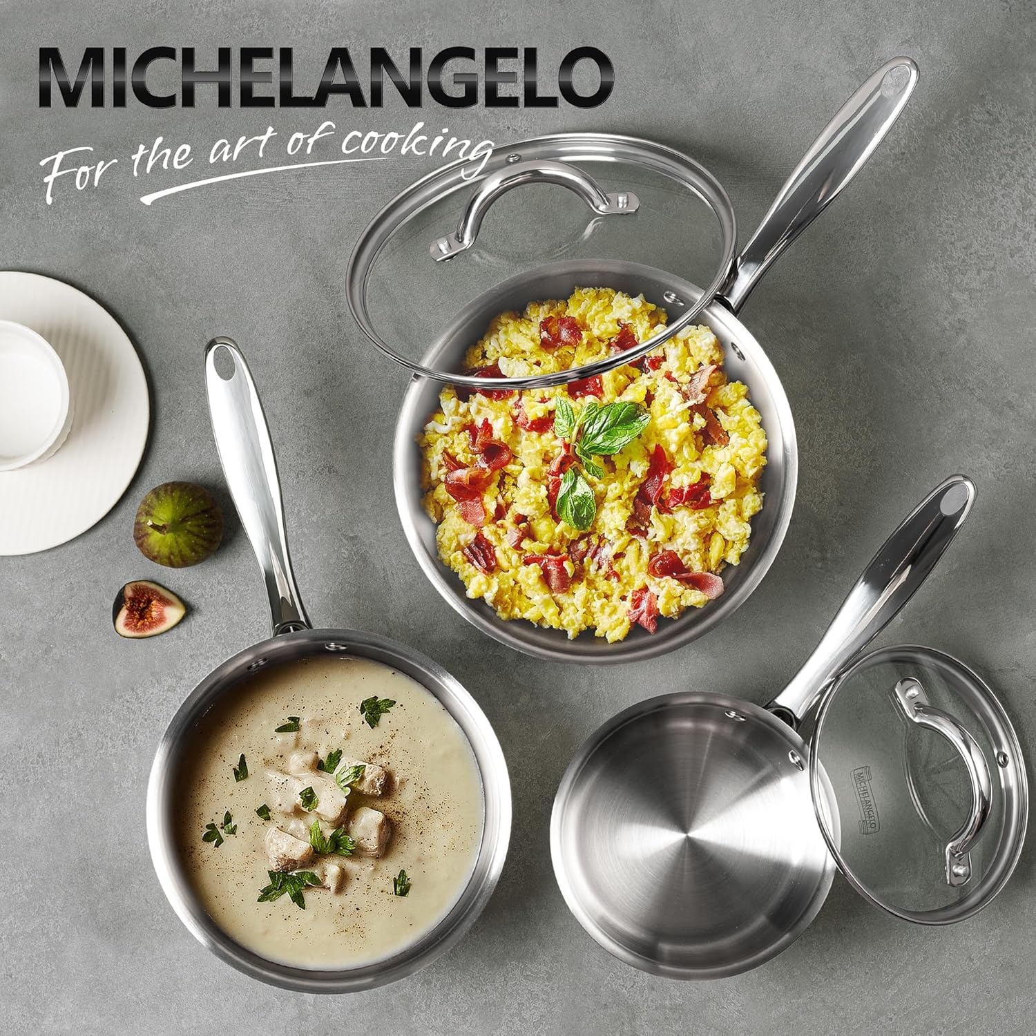 image:imageMICHELANGELO Saucepan Set 6pc 1810 Stainless Steel Sauce Pan with Lid TriPly Bottom Sauce Pot Set Nonstick Saucepan Induction Compatible 1QT amp 2QT amp3QTFull TriPly