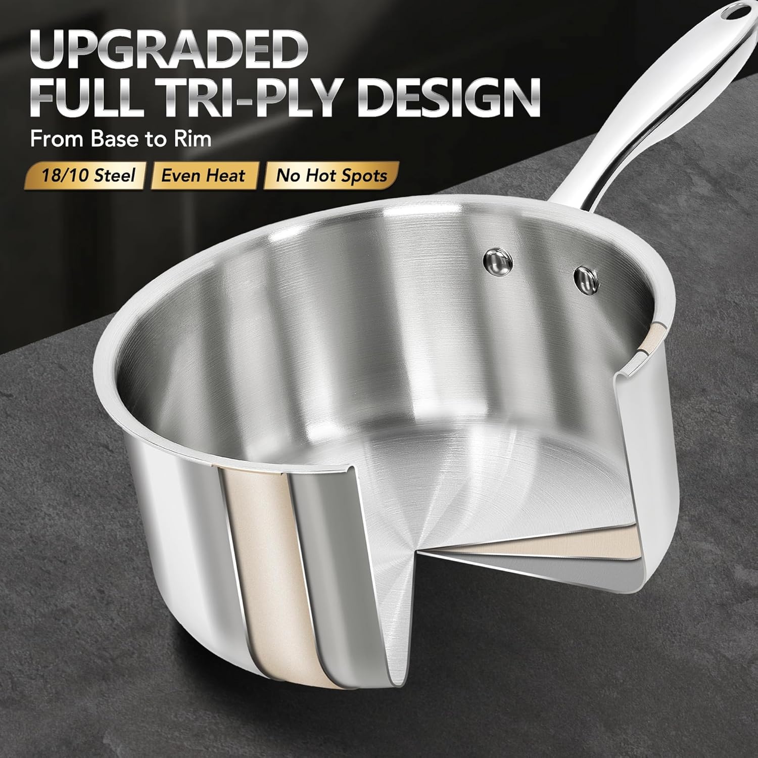 image:imageMICHELANGELO Saucepan Set 6pc 1810 Stainless Steel Sauce Pan with Lid TriPly Bottom Sauce Pot Set Nonstick Saucepan Induction Compatible 1QT amp 2QT amp3QTFull TriPly