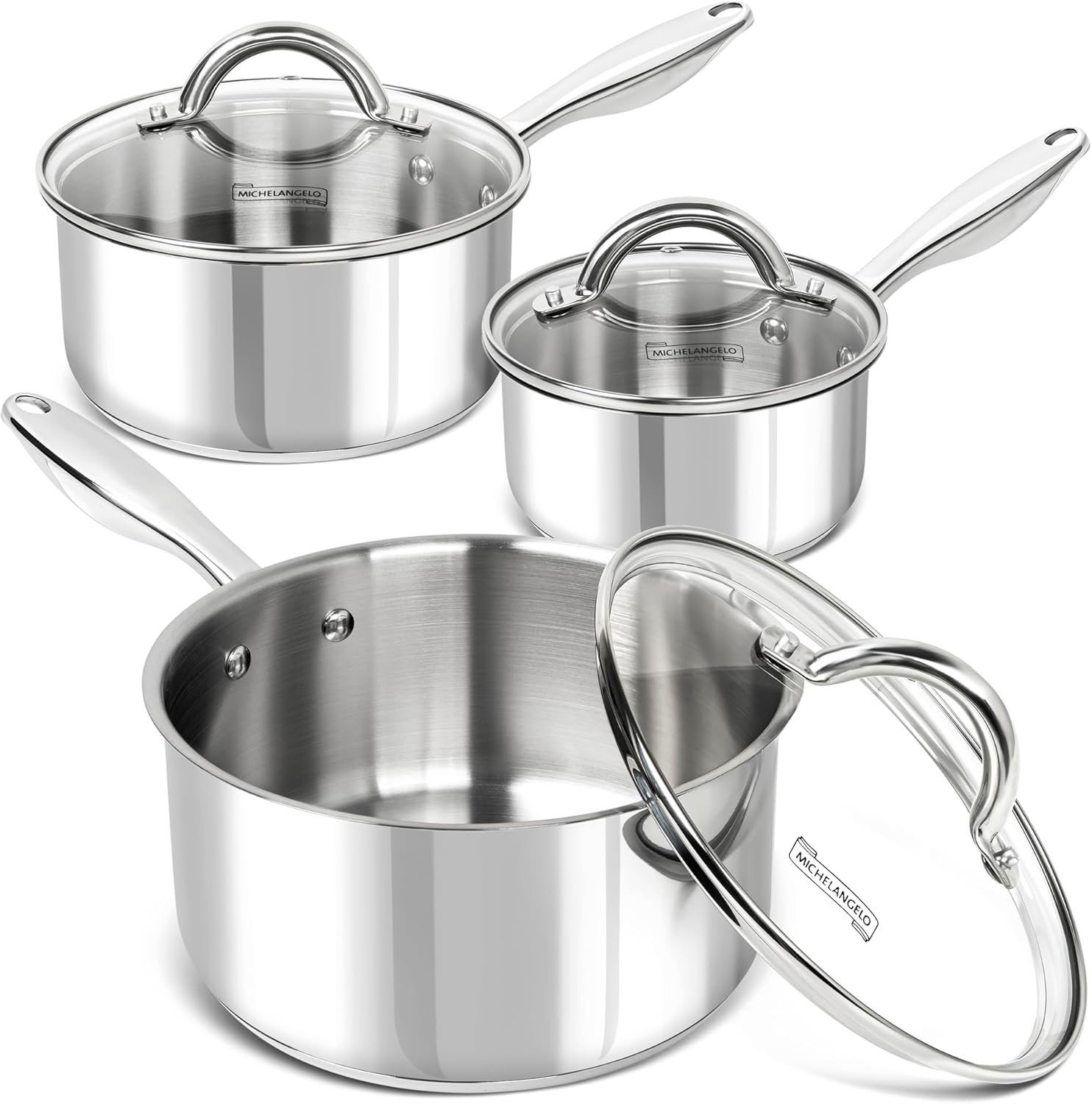 image:imageMICHELANGELO Saucepan Set 6pc 1810 Stainless Steel Sauce Pan with Lid TriPly Bottom Sauce Pot Set Nonstick Saucepan Induction Compatible 1QT amp 2QT amp3QTTriPly Bottom