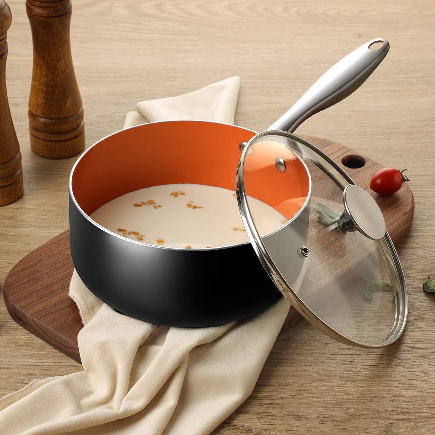 image:imageMICHELANGELO Saucepan Set with Lid Nonstick 1Qt 2Qt 3QT Copper Sauce Pan Set with Lid Small Pot with Lid Ceramic Nonstick Saucepan Set Small Sauce Pots Copper Pot Set