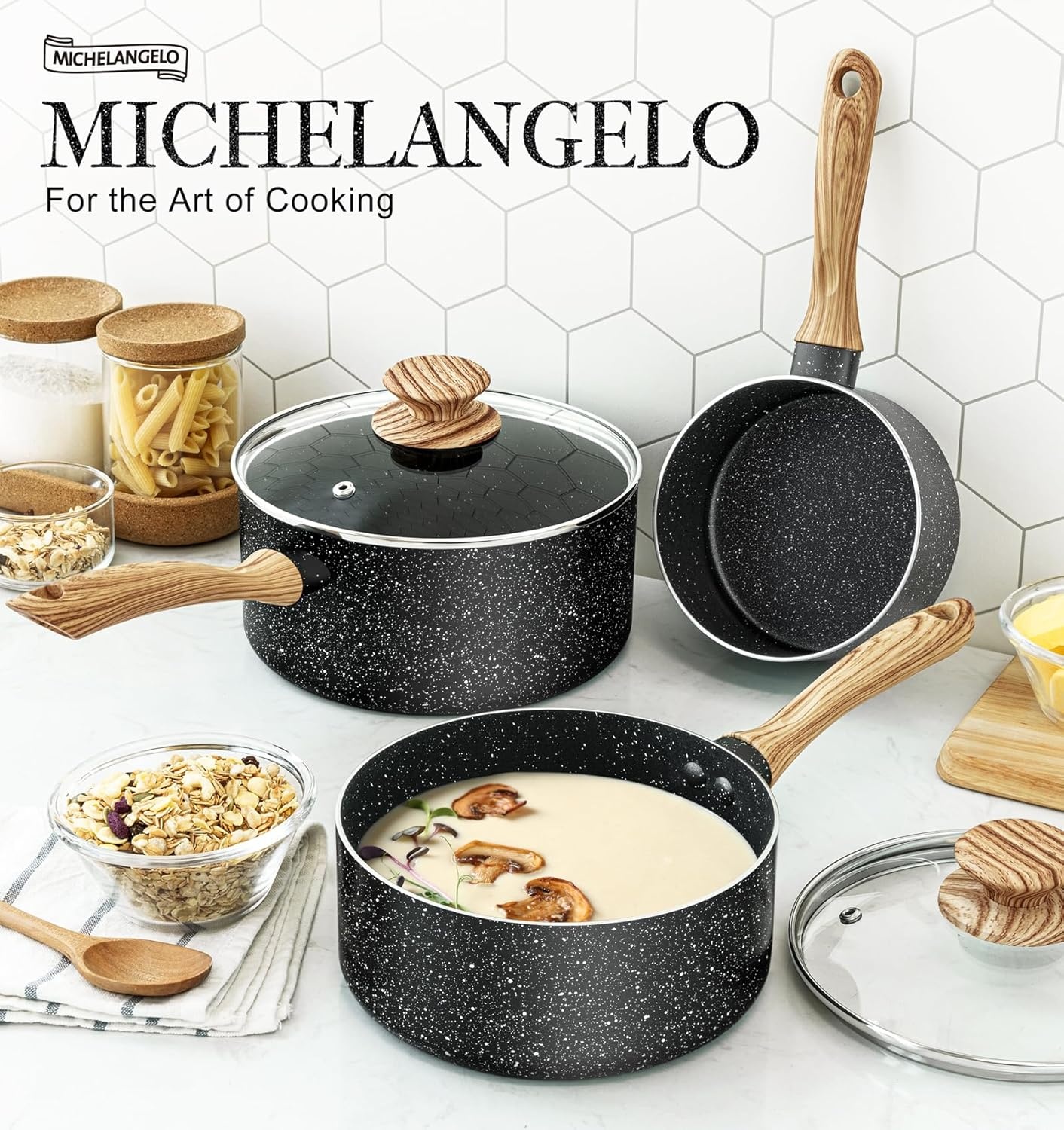 image:imageMICHELANGELO Saucepan Set with Lid Nonstick Sauce Pan Sets with Granite Coatings NonToxic Sauce Pot Sets of 3 Induction Compatible 1Qt 2Qt amp 3Qt WhiteBlack