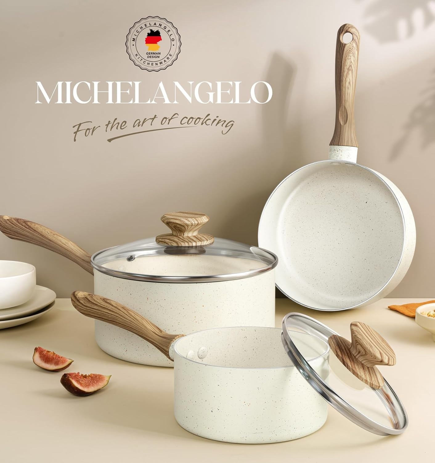 image:imageMICHELANGELO Saucepan Set with Lid Nonstick Sauce Pan Sets with Granite Coatings NonToxic Sauce Pot Sets of 3 Induction Compatible 1Qt 2Qt amp 3Qt WhiteWhite