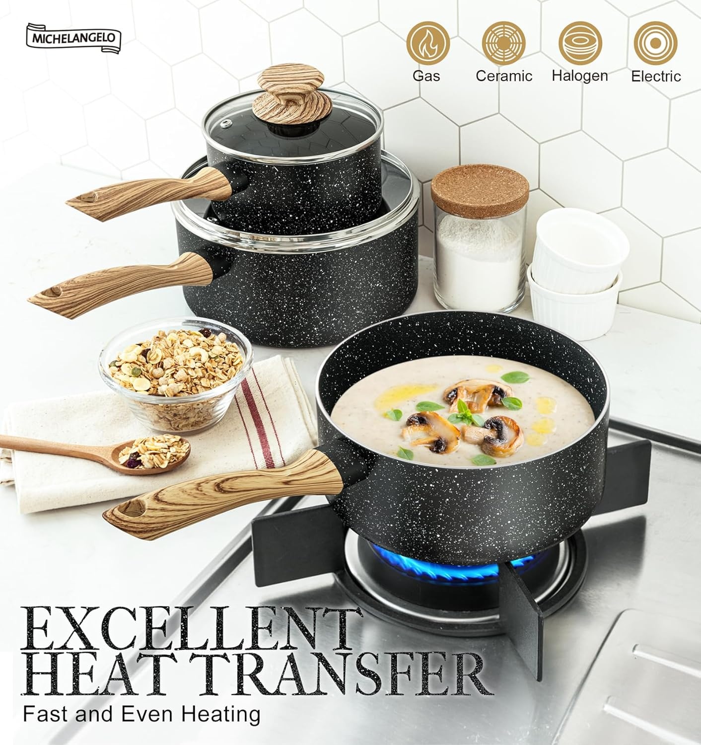 image:imageMICHELANGELO Saucepan Set with Lid Nonstick Sauce Pan Sets with Granite Coatings NonToxic Sauce Pot Sets of 3 Induction Compatible 1Qt 2Qt amp 3Qt WhiteBlack