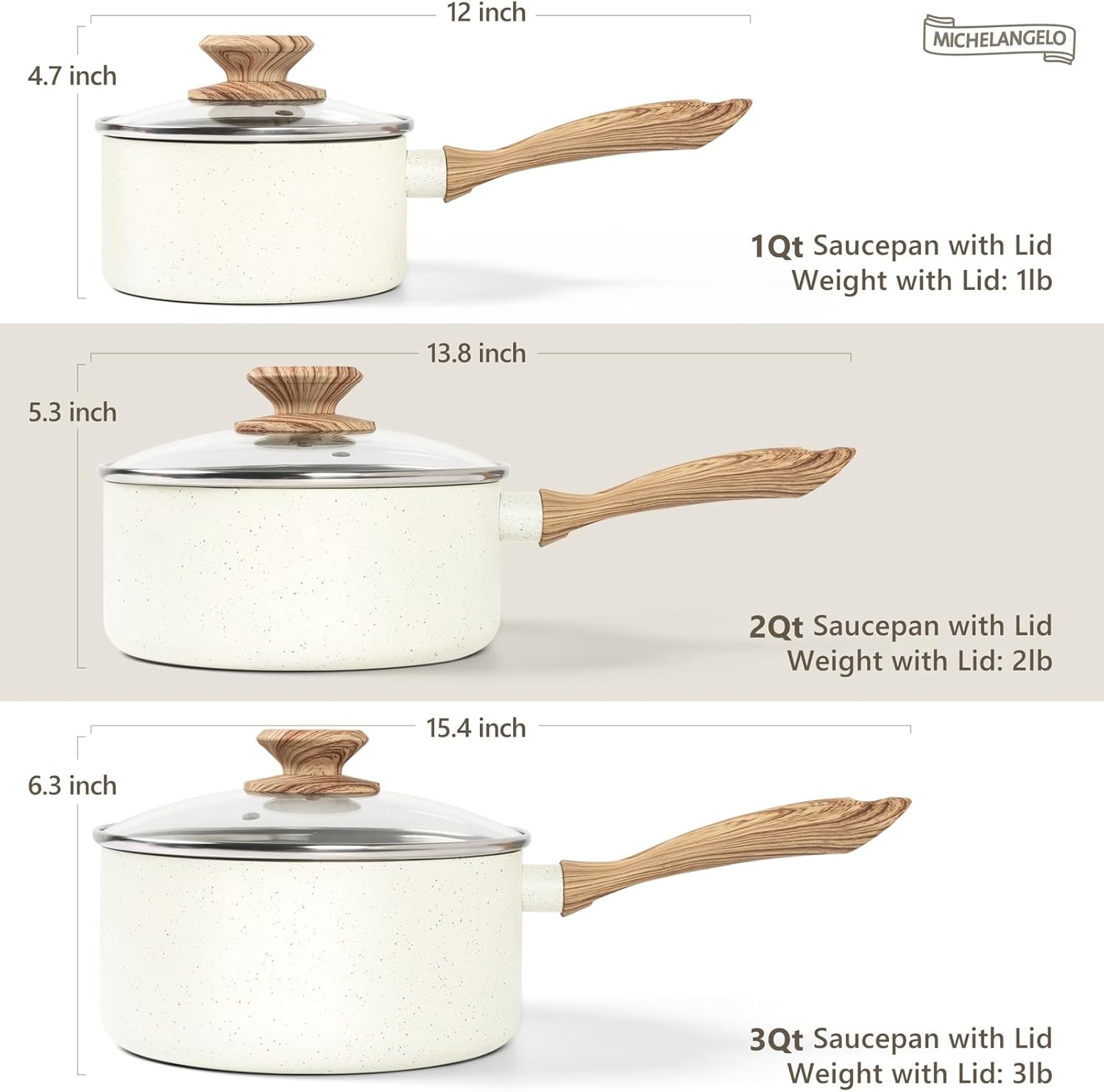image:imageMICHELANGELO Saucepan Set with Lid Nonstick Sauce Pan Sets with Granite Coatings NonToxic Sauce Pot Sets of 3 Induction Compatible 1Qt 2Qt amp 3Qt WhiteWhite