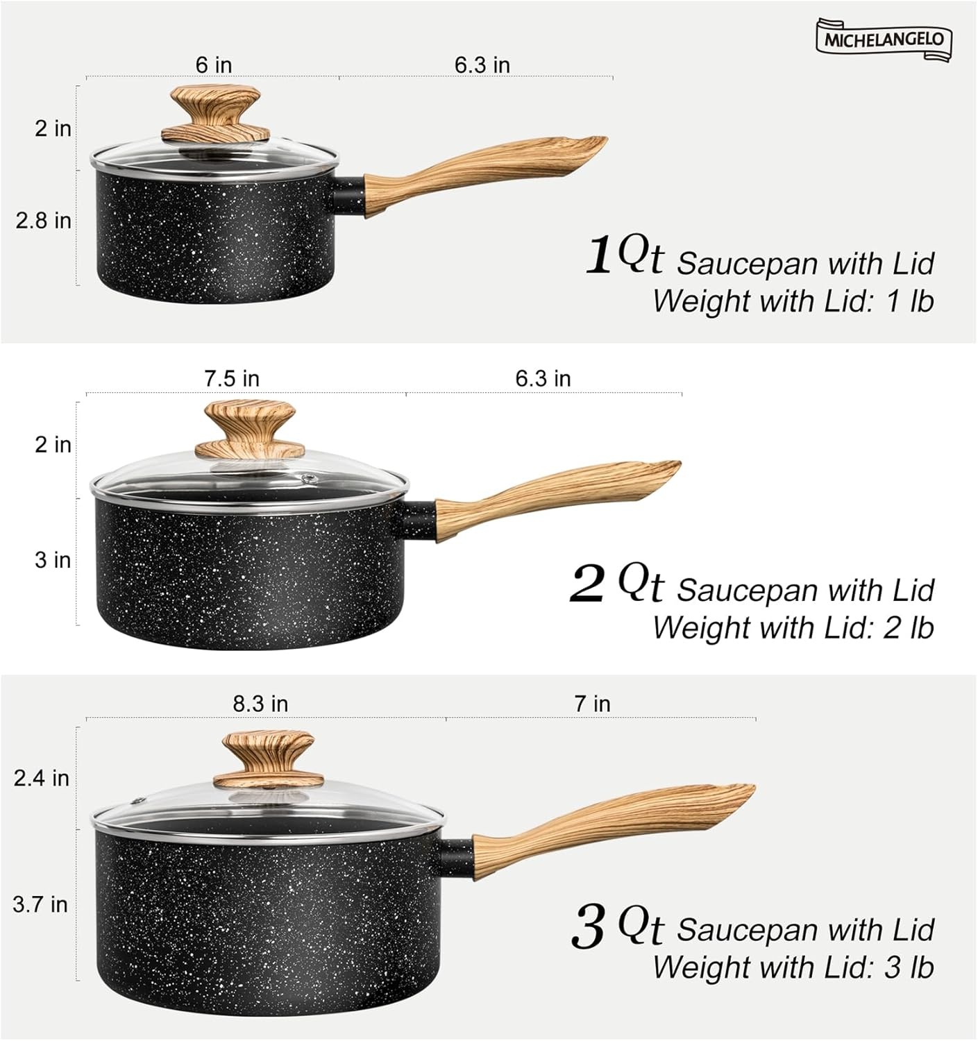 image:imageMICHELANGELO Saucepan Set with Lid Nonstick Sauce Pan Sets with Granite Coatings NonToxic Sauce Pot Sets of 3 Induction Compatible 1Qt 2Qt amp 3Qt WhiteBlack