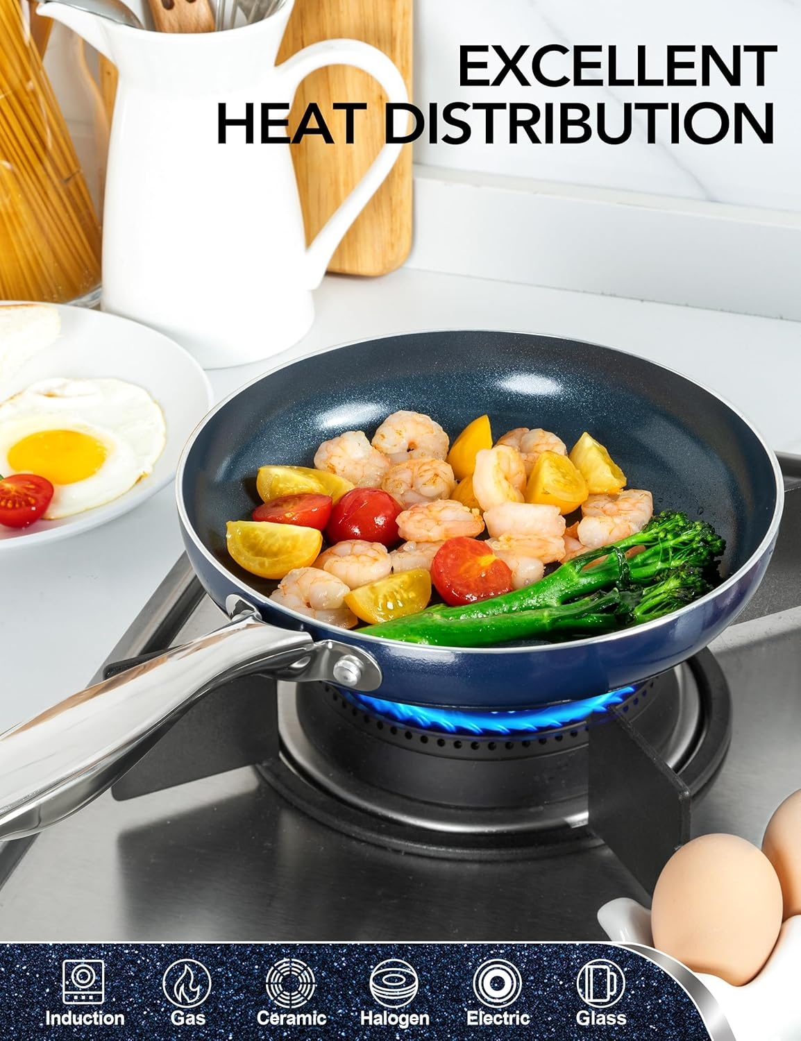 image:imageMICHELANGELO Small Frying Pan 8 Inch Nonstick Frying Pan with Lid NonToxic Omelette Pan with Stainless Handle Nonstick Skillet BlueCeramic10 Inch