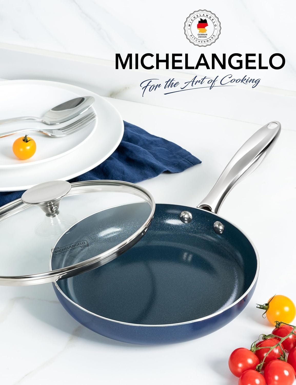 image:imageMICHELANGELO Small Frying Pan 8 Inch Nonstick Frying Pan with Lid NonToxic Omelette Pan with Stainless Handle Nonstick Skillet BlueCeramic8 Inch