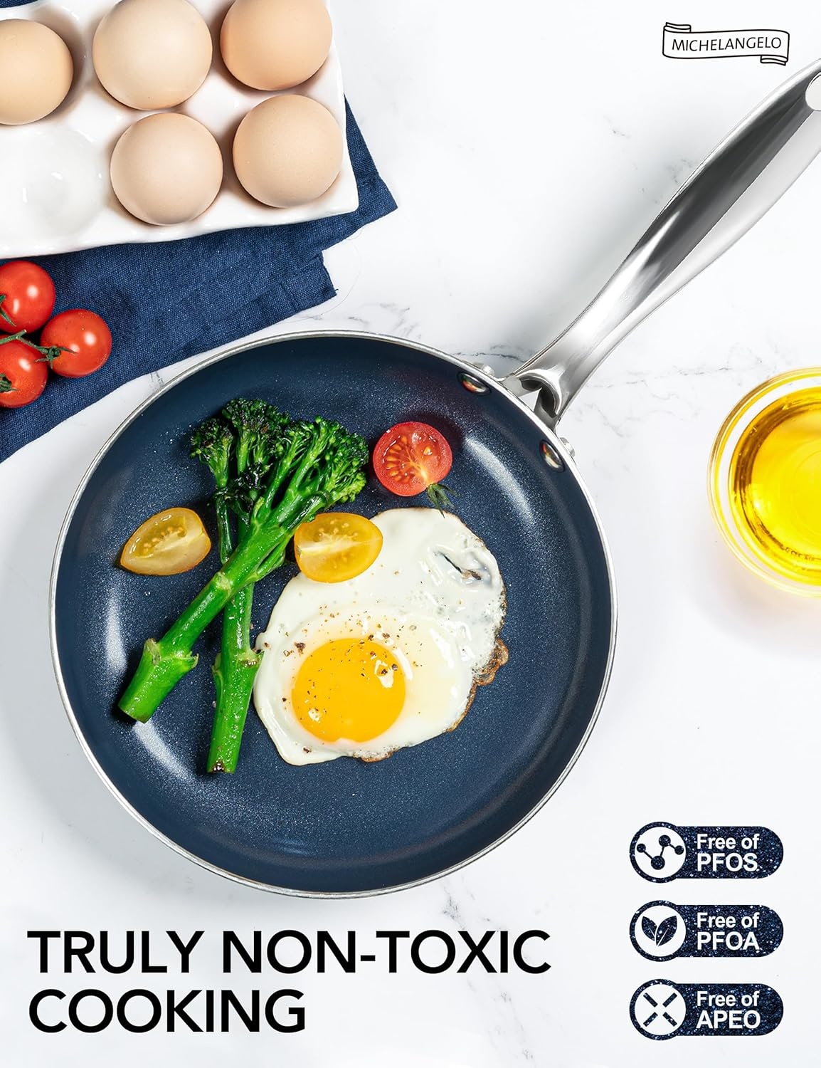 image:imageMICHELANGELO Small Frying Pan 8 Inch Nonstick Frying Pan with Lid NonToxic Omelette Pan with Stainless Handle Nonstick Skillet BlueCeramic8 Inch