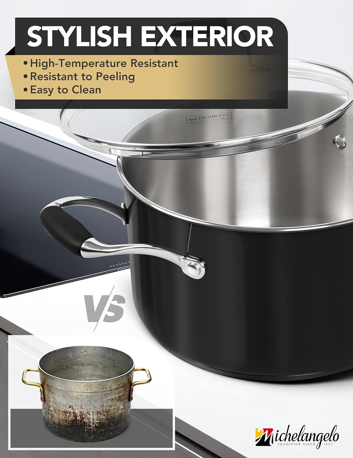 image:imageMICHELANGELO Stainless Steel Cooking Pot 6 Quart Soup Pot with Lid NonToxic Stockpot Induction Compatible Oven amp Dishwasher Safe Black ExteriorBlack