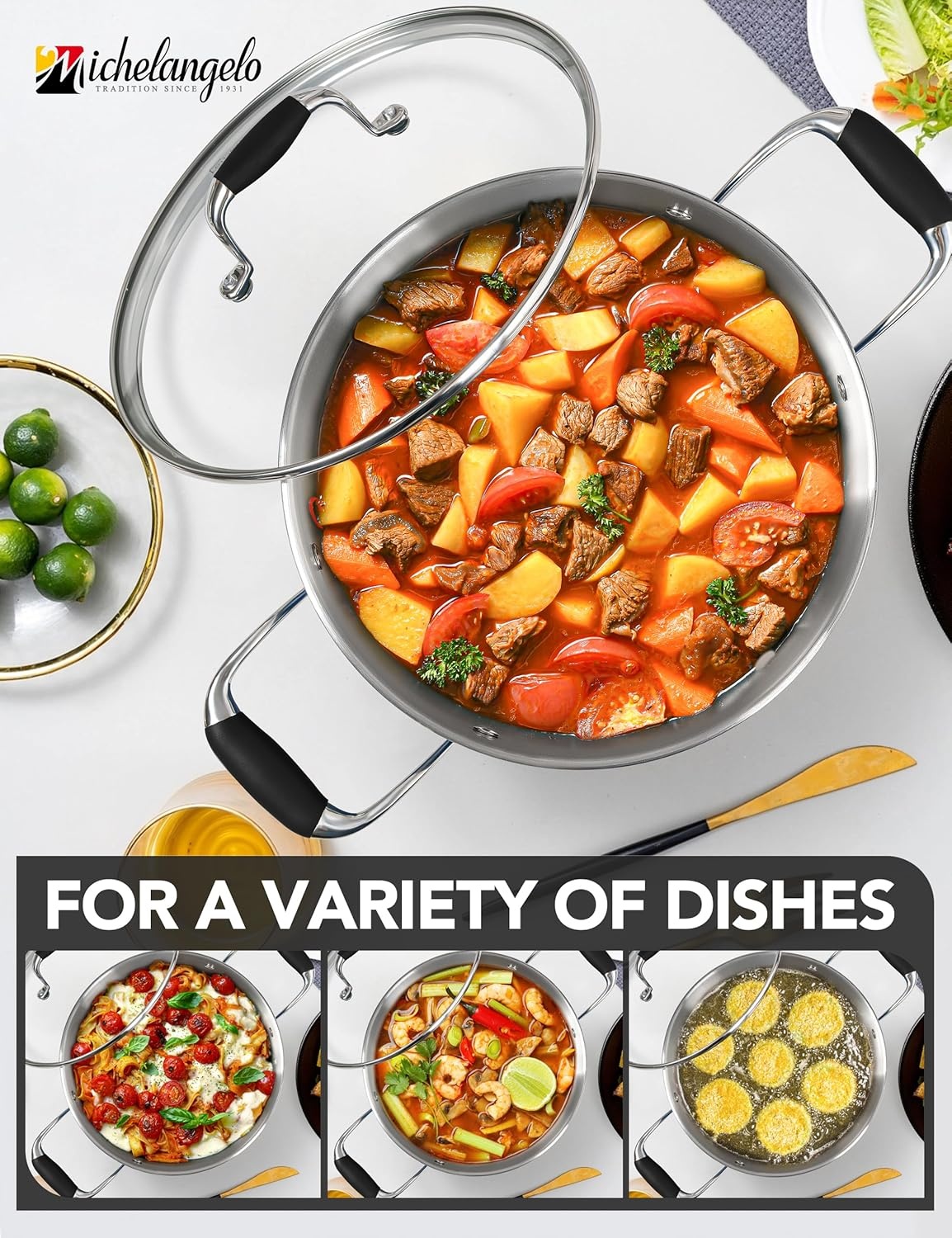 image:imageMICHELANGELO Stainless Steel Cooking Pot 6 Quart Soup Pot with Lid NonToxic Stockpot Induction Compatible Oven amp Dishwasher Safe Black ExteriorBlack
