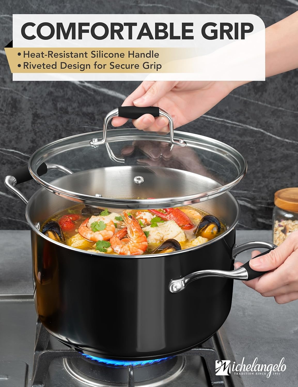 image:imageMICHELANGELO Stainless Steel Cooking Pot 6 Quart Soup Pot with Lid NonToxic Stockpot Induction Compatible Oven amp Dishwasher Safe Black ExteriorBlack