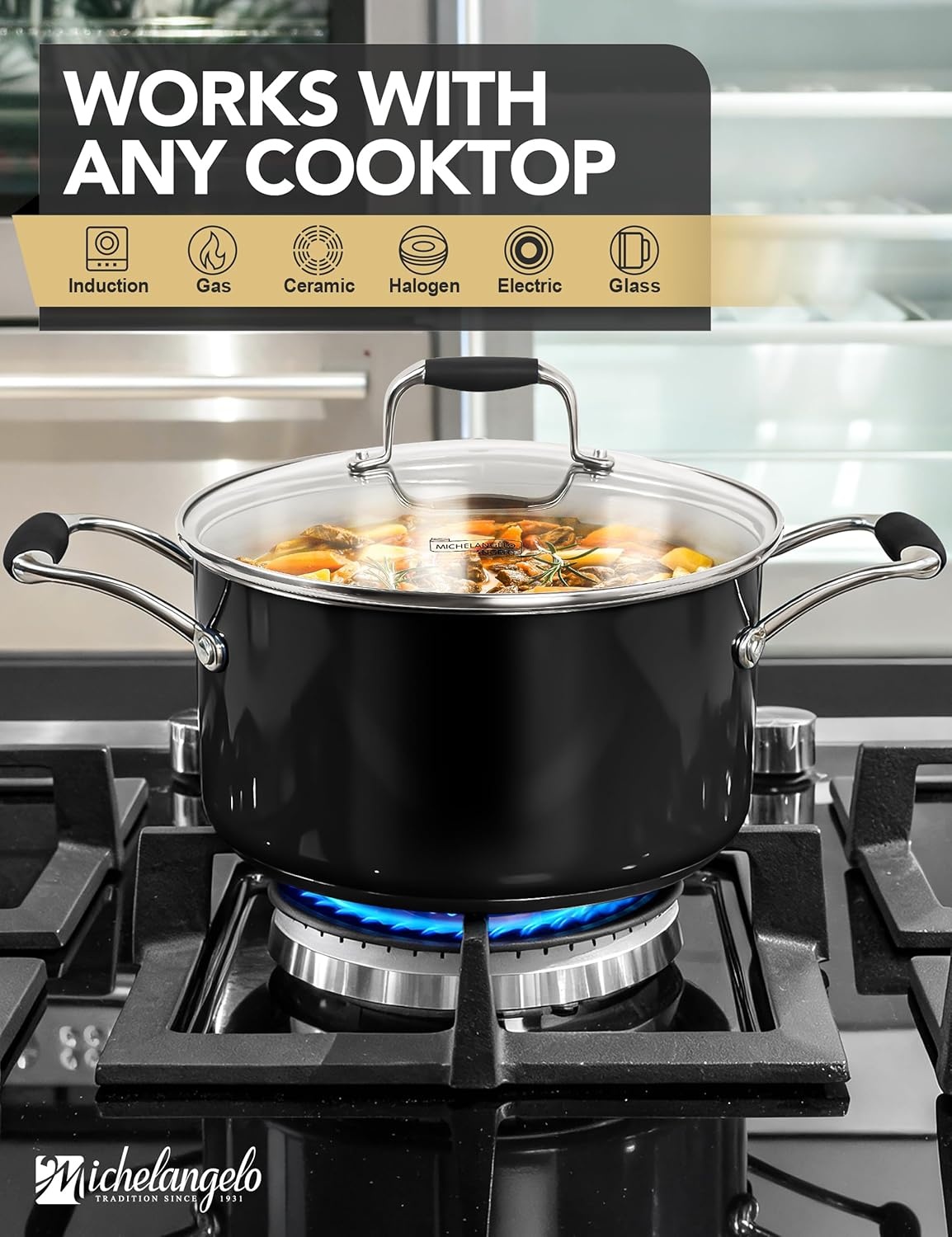 image:imageMICHELANGELO Stainless Steel Cooking Pot 6 Quart Soup Pot with Lid NonToxic Stockpot Induction Compatible Oven amp Dishwasher Safe Black ExteriorBlack