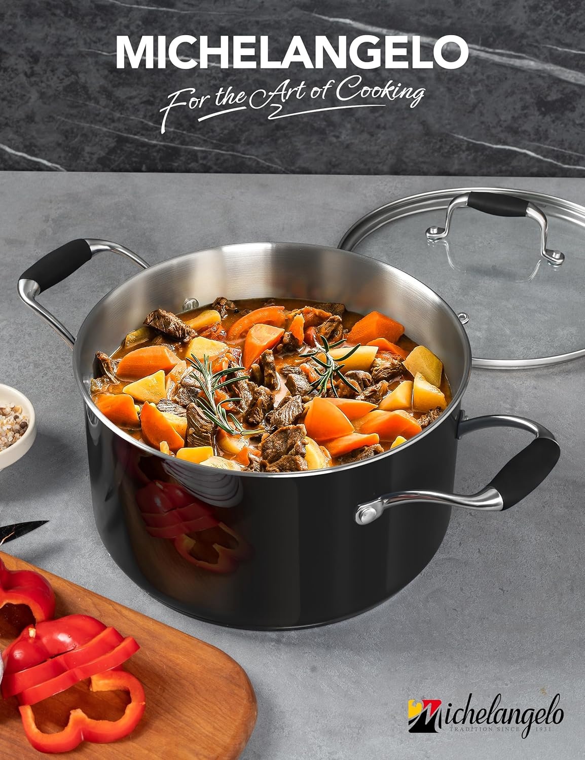 image:imageMICHELANGELO Stainless Steel Cooking Pot 6 Quart Soup Pot with Lid NonToxic Stockpot Induction Compatible Oven amp Dishwasher Safe Black ExteriorBlack