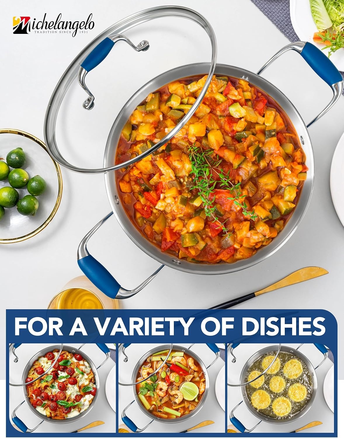 image:imageMICHELANGELO Stainless Steel Cooking Pot 6 Quart Soup Pot with Lid NonToxic Stockpot Induction Compatible Oven amp Dishwasher Safe Black ExteriorBlue