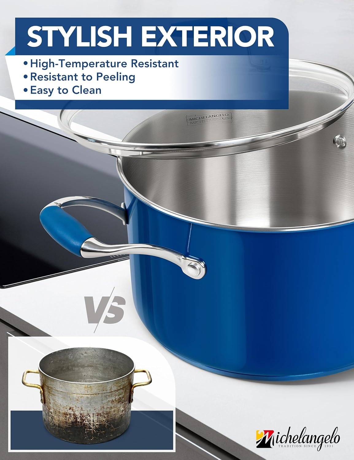 image:imageMICHELANGELO Stainless Steel Cooking Pot 6 Quart Soup Pot with Lid NonToxic Stockpot Induction Compatible Oven amp Dishwasher Safe Black ExteriorBlue