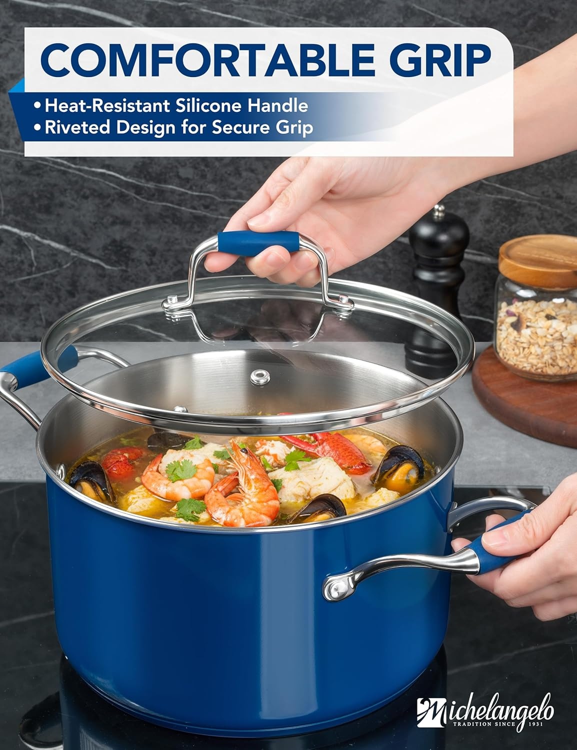 image:imageMICHELANGELO Stainless Steel Cooking Pot 6 Quart Soup Pot with Lid NonToxic Stockpot Induction Compatible Oven amp Dishwasher Safe Black ExteriorBlue
