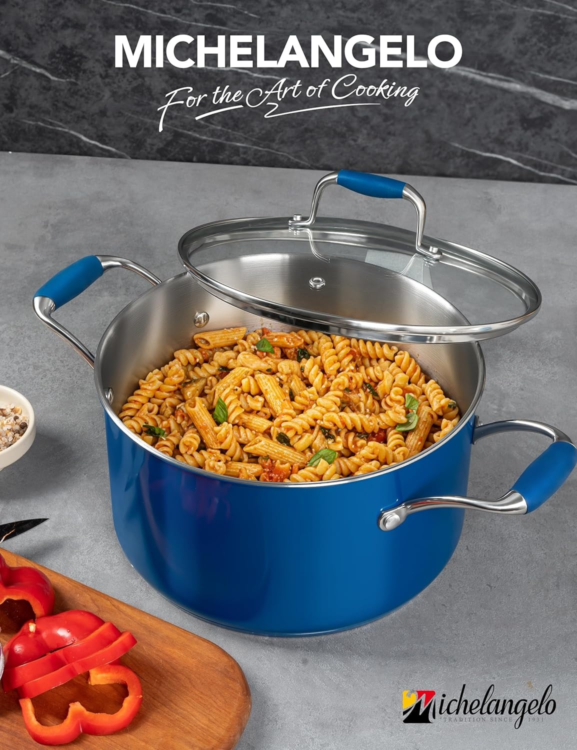 image:imageMICHELANGELO Stainless Steel Cooking Pot 6 Quart Soup Pot with Lid NonToxic Stockpot Induction Compatible Oven amp Dishwasher Safe Black ExteriorBlue