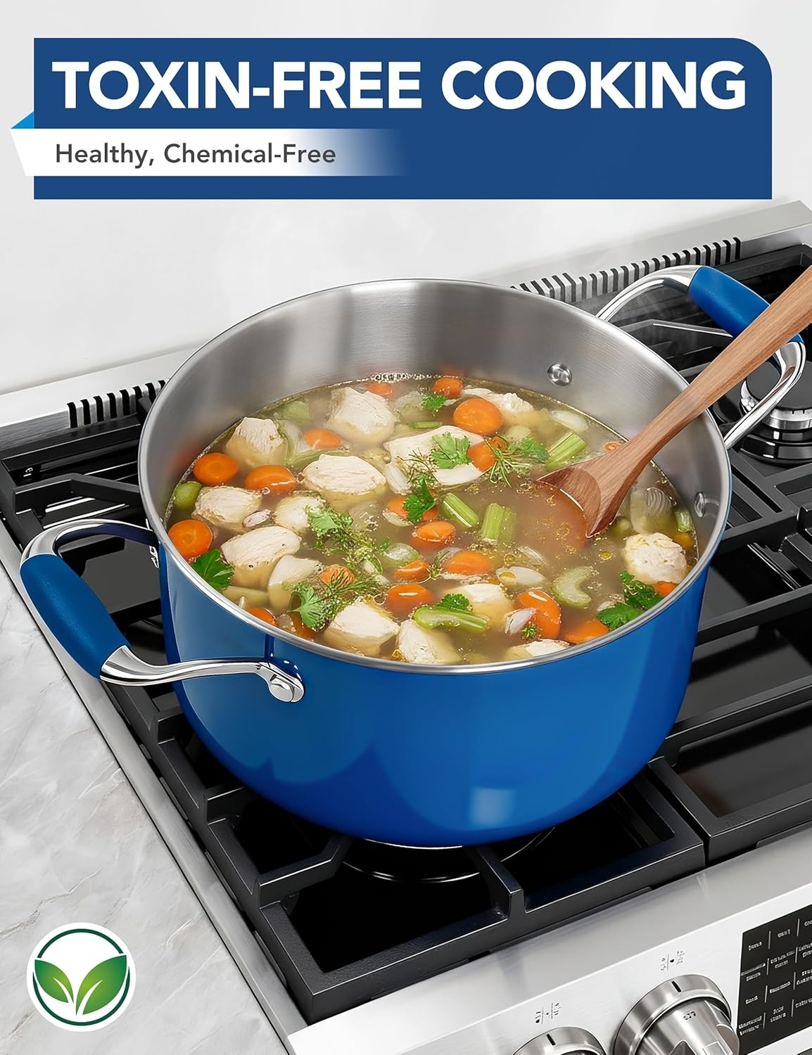 image:imageMICHELANGELO Stainless Steel Cooking Pot 6 Quart Soup Pot with Lid NonToxic Stockpot Induction Compatible Oven amp Dishwasher Safe Black ExteriorBlue