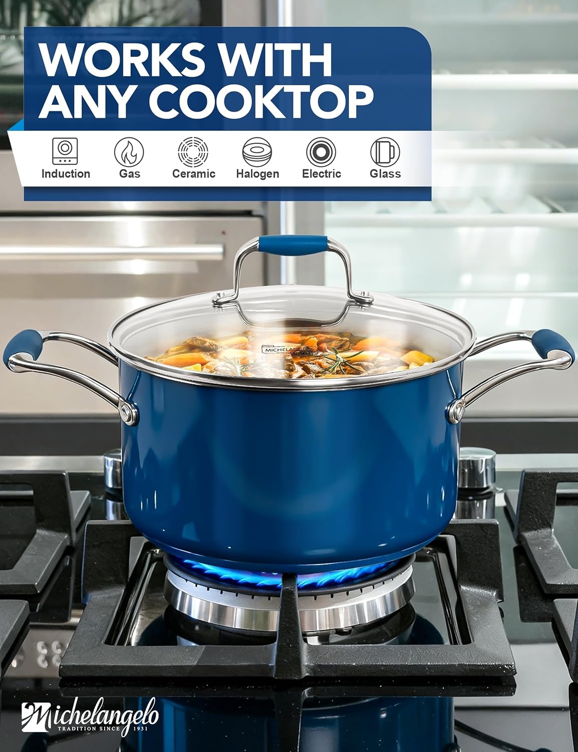 image:imageMICHELANGELO Stainless Steel Cooking Pot 6 Quart Soup Pot with Lid NonToxic Stockpot Induction Compatible Oven amp Dishwasher Safe Black ExteriorBlue