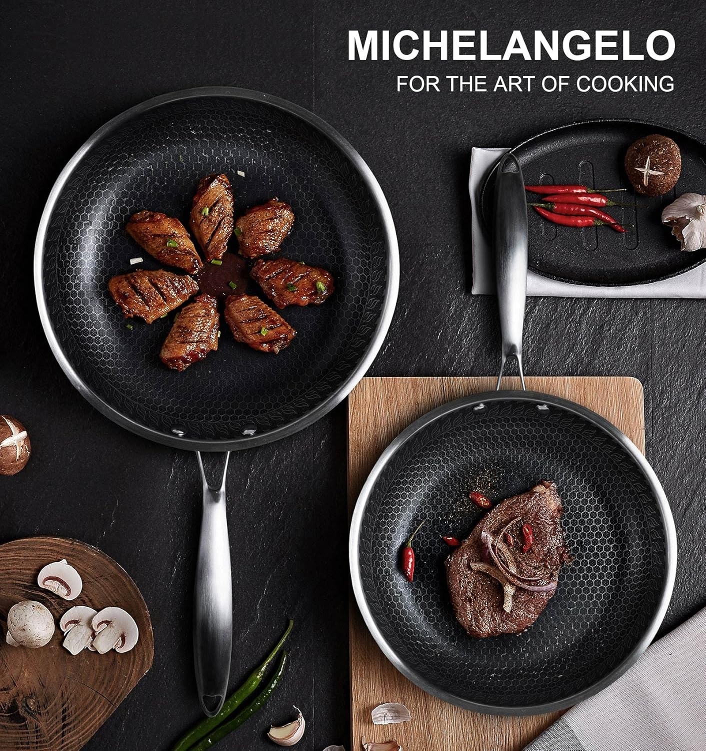 image:imageMICHELANGELO Stainless Steel Frying Pan Set with Lids 95 amp 11 Inch Frying Pans Nonstick Stainless Steel Fry Pan Set Honeycomb Pans for Cooking Skillet with Lid Induction Compatible810Inch