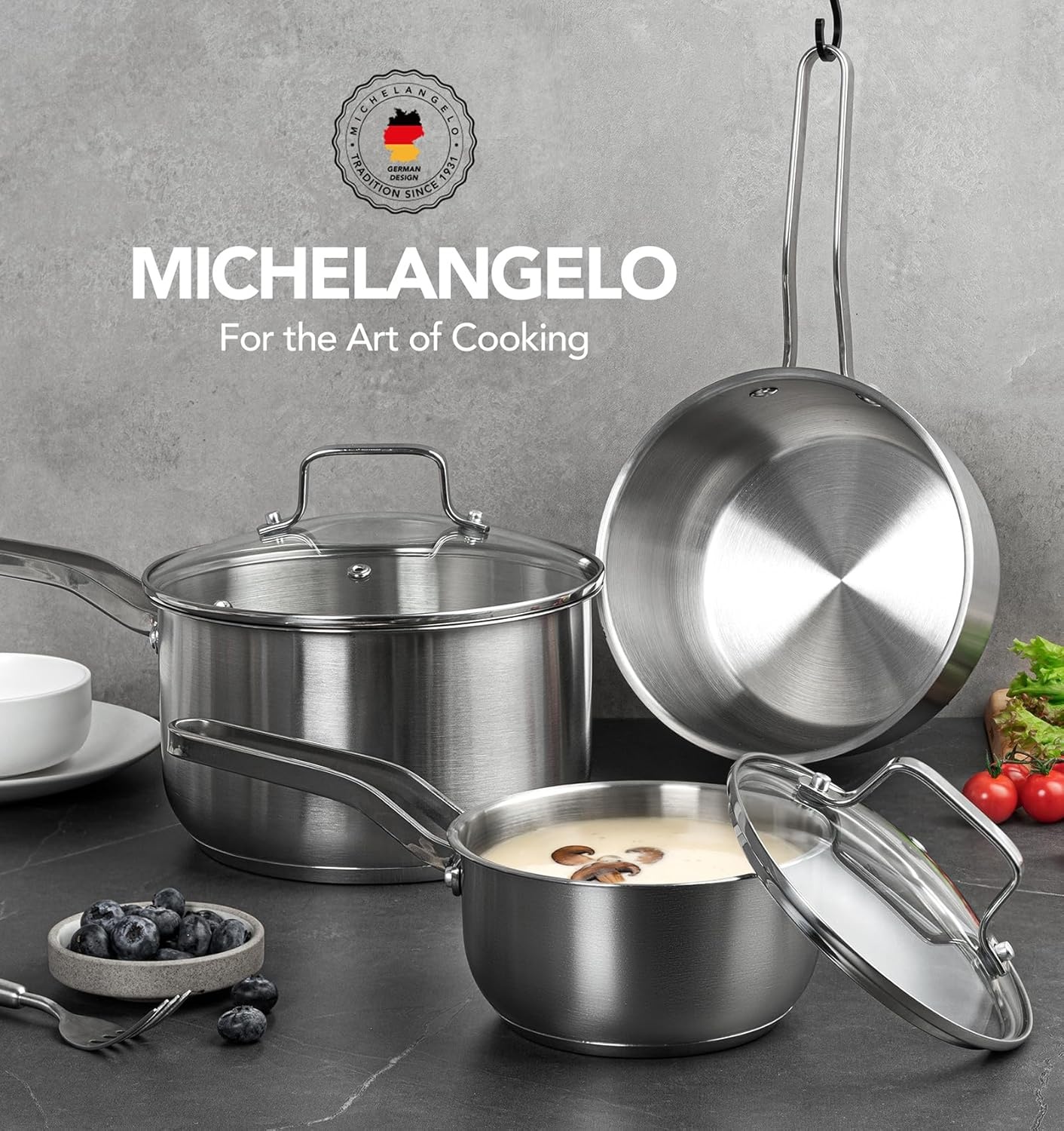 image:imageMICHELANGELO Stainless Steel Pots Set 1QT amp 2QT amp 3QT Stainless Steel Sauce Pan with Lid Induction Saucepan Set Small Pots for Cooking 6 Pcs123qt