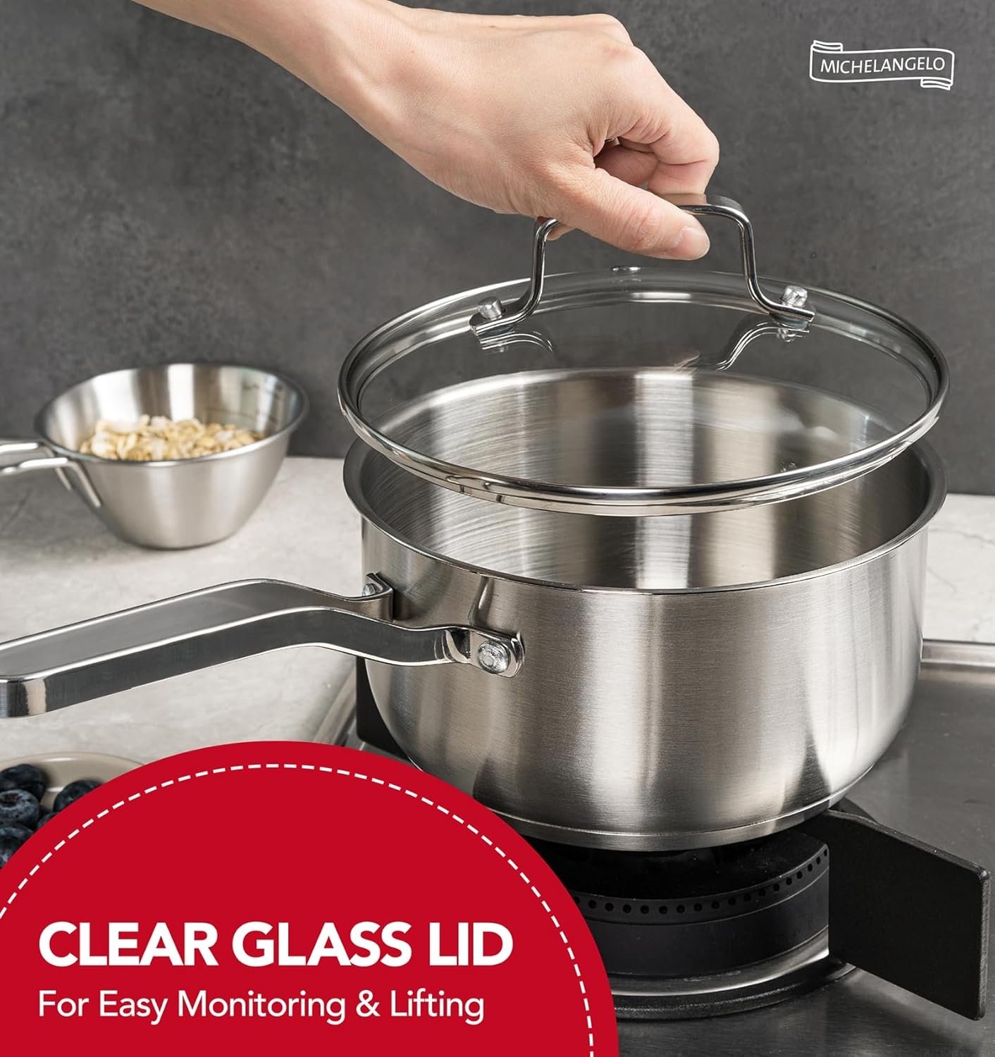 image:imageMICHELANGELO Stainless Steel Pots Set 1QT amp 2QT amp 3QT Stainless Steel Sauce Pan with Lid Induction Saucepan Set Small Pots for Cooking 6 Pcs123qt