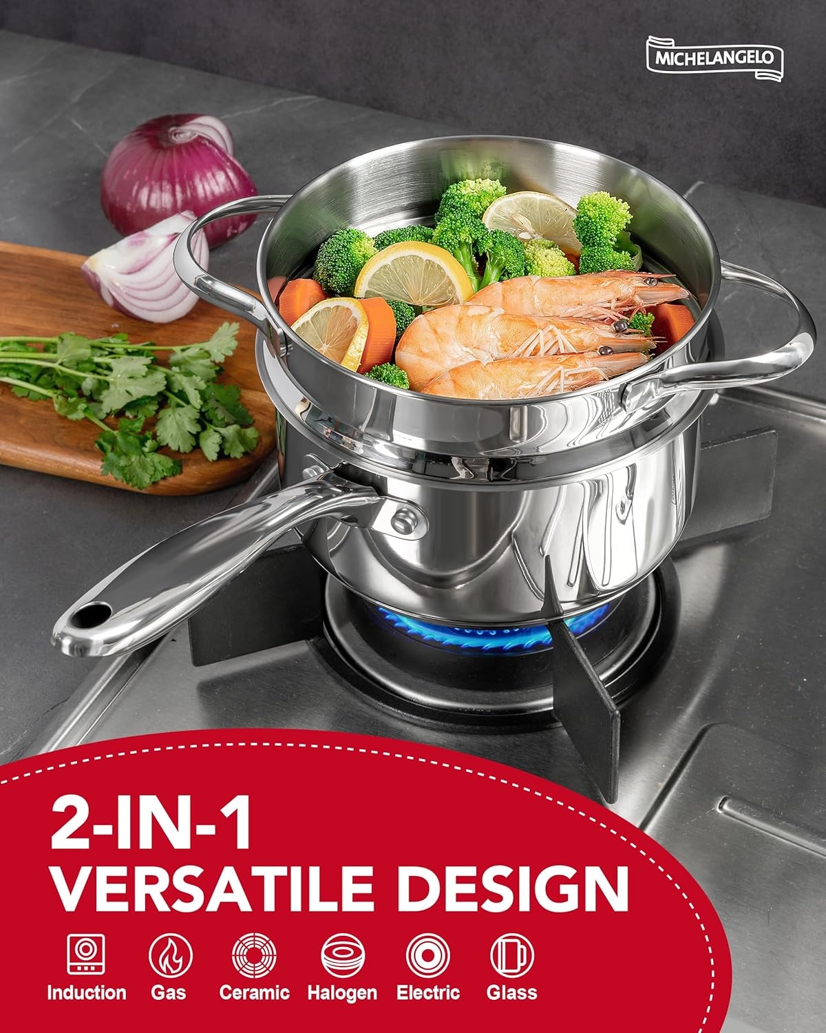 image:imageMICHELANGELO Stainless Steel Sauce Pan Set 1 2 3 Qt Saucepans with Lids Small Stainless Steel Pots for Cooking Induction Compatible Dishwasher amp Oven Safe25 Quart