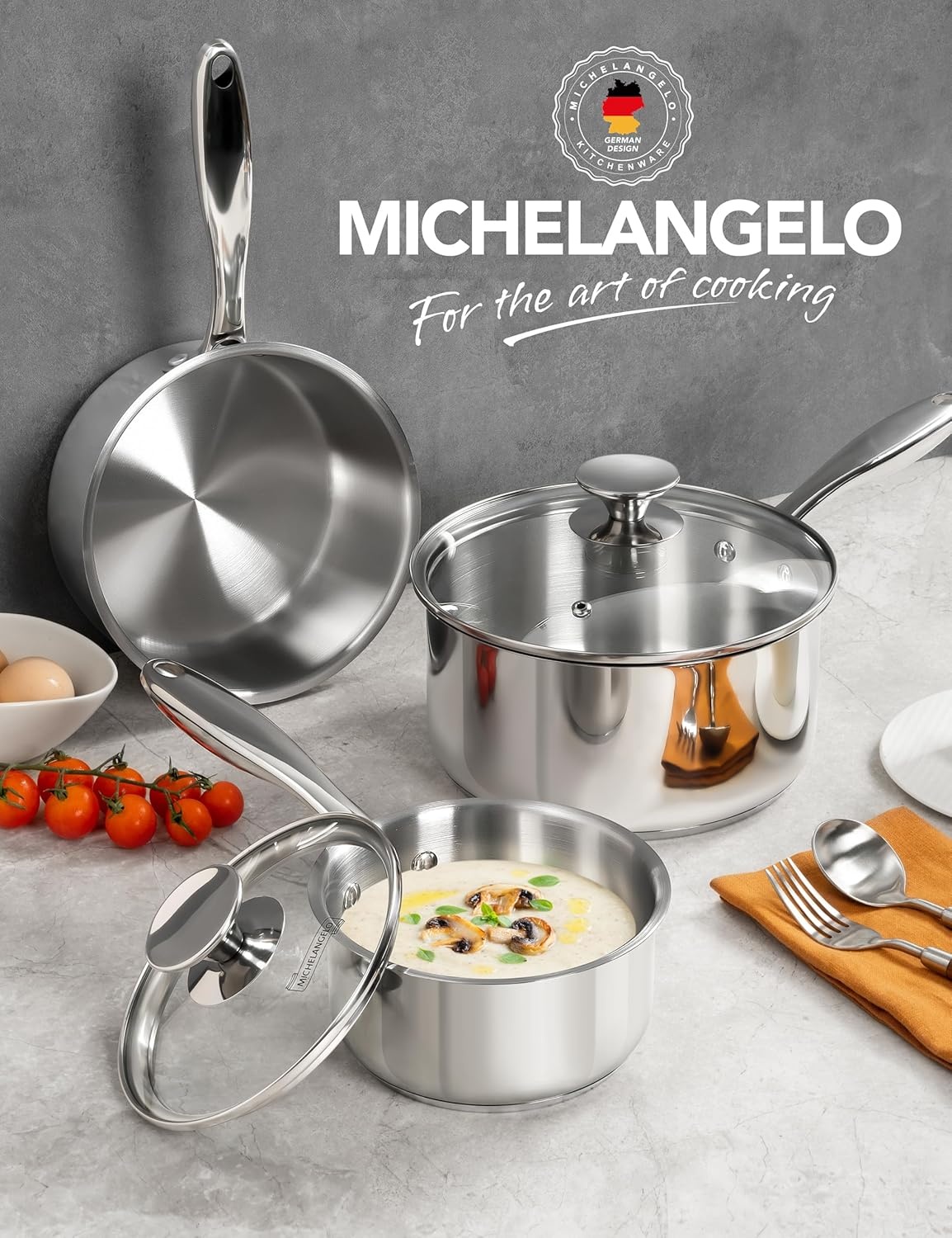 image:imageMICHELANGELO Stainless Steel Sauce Pan Set 1 2 3 Qt Saucepans with Lids Small Stainless Steel Pots for Cooking Induction Compatible Dishwasher amp Oven Safe123 Quart