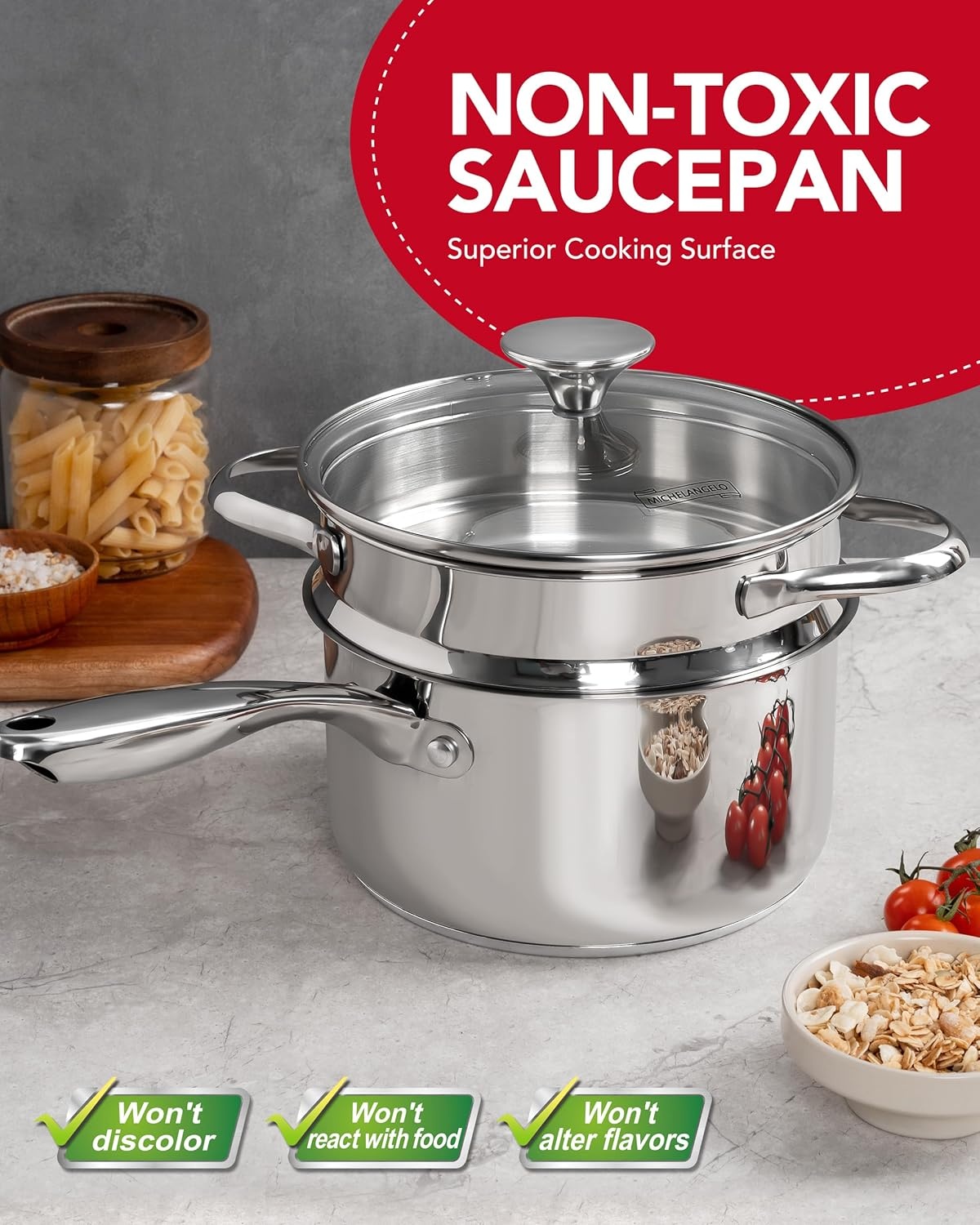 image:imageMICHELANGELO Stainless Steel Sauce Pan Set 1 2 3 Qt Saucepans with Lids Small Stainless Steel Pots for Cooking Induction Compatible Dishwasher amp Oven Safe25 Quart