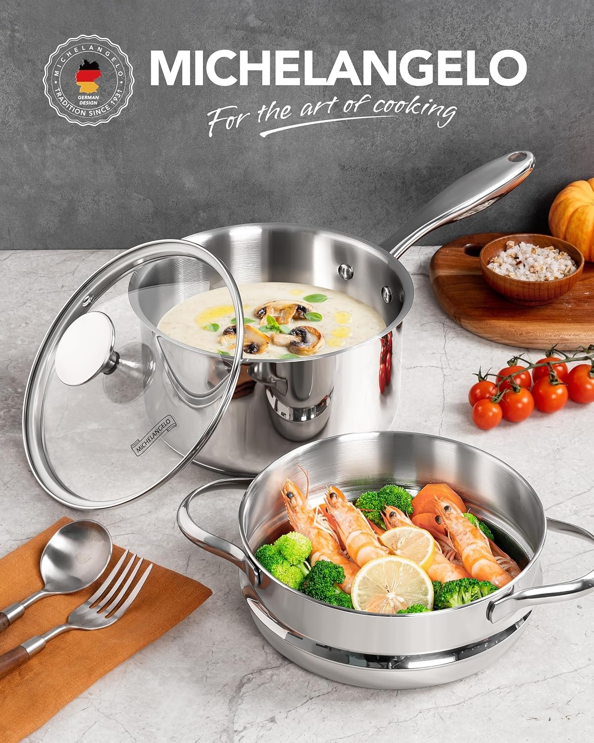 image:imageMICHELANGELO Stainless Steel Sauce Pan Set 1 2 3 Qt Saucepans with Lids Small Stainless Steel Pots for Cooking Induction Compatible Dishwasher amp Oven Safe25 Quart