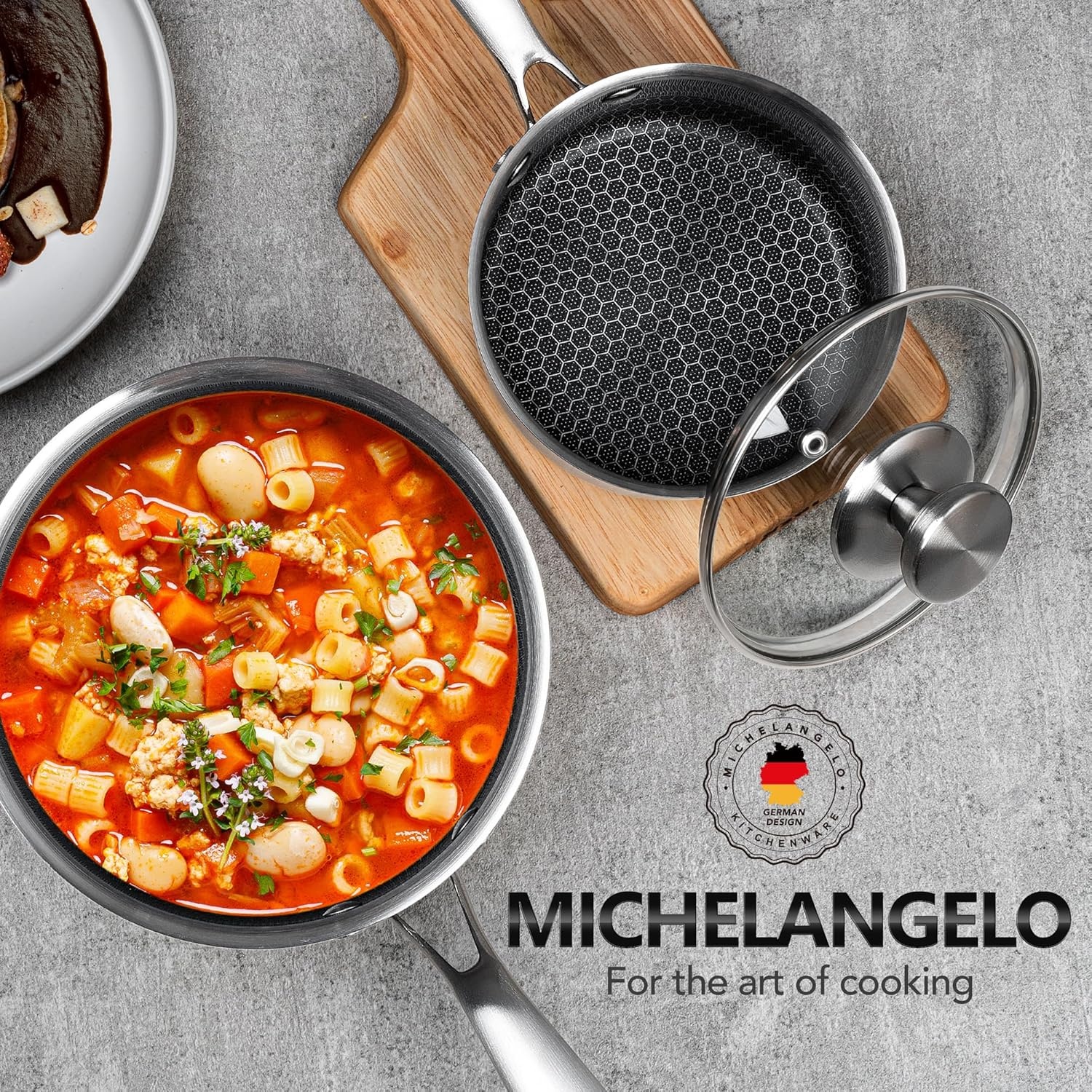 image:imageMICHELANGELO Stainless Steel Saucepan Set 1QT amp 2QT Frying Pan with Lid 10 amp 12 Inch Stainless Steel Pans with Honeycomb Coating