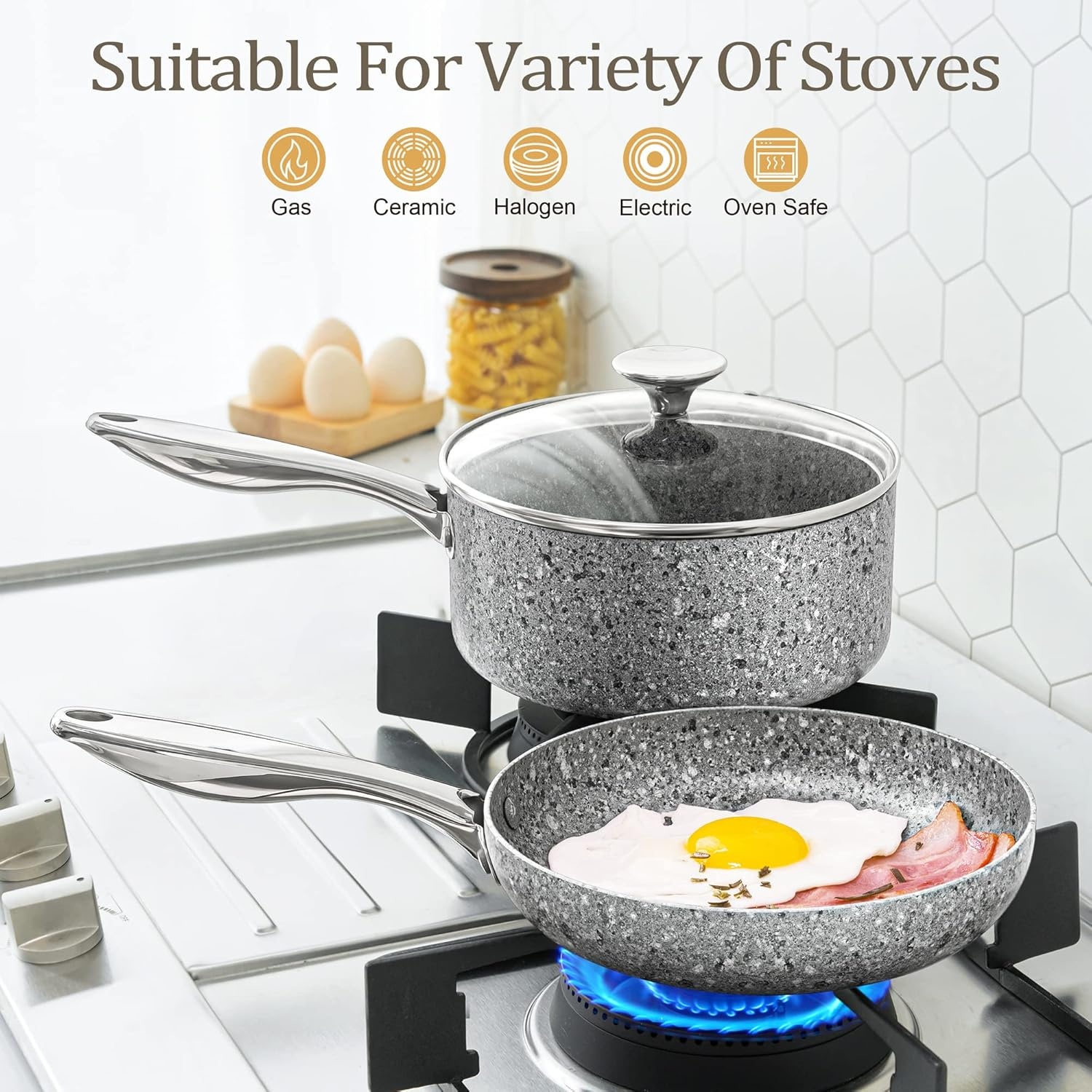 image:imageMICHELANGELO Stone Cookware Set 10 Piece Ultra Nonstick Pots and Pans Set with StoneDerived Coating Kitchen Cookware Sets Stone Cookware Sets Granite Pots and Pans 10 PieceGrey 10 Piece