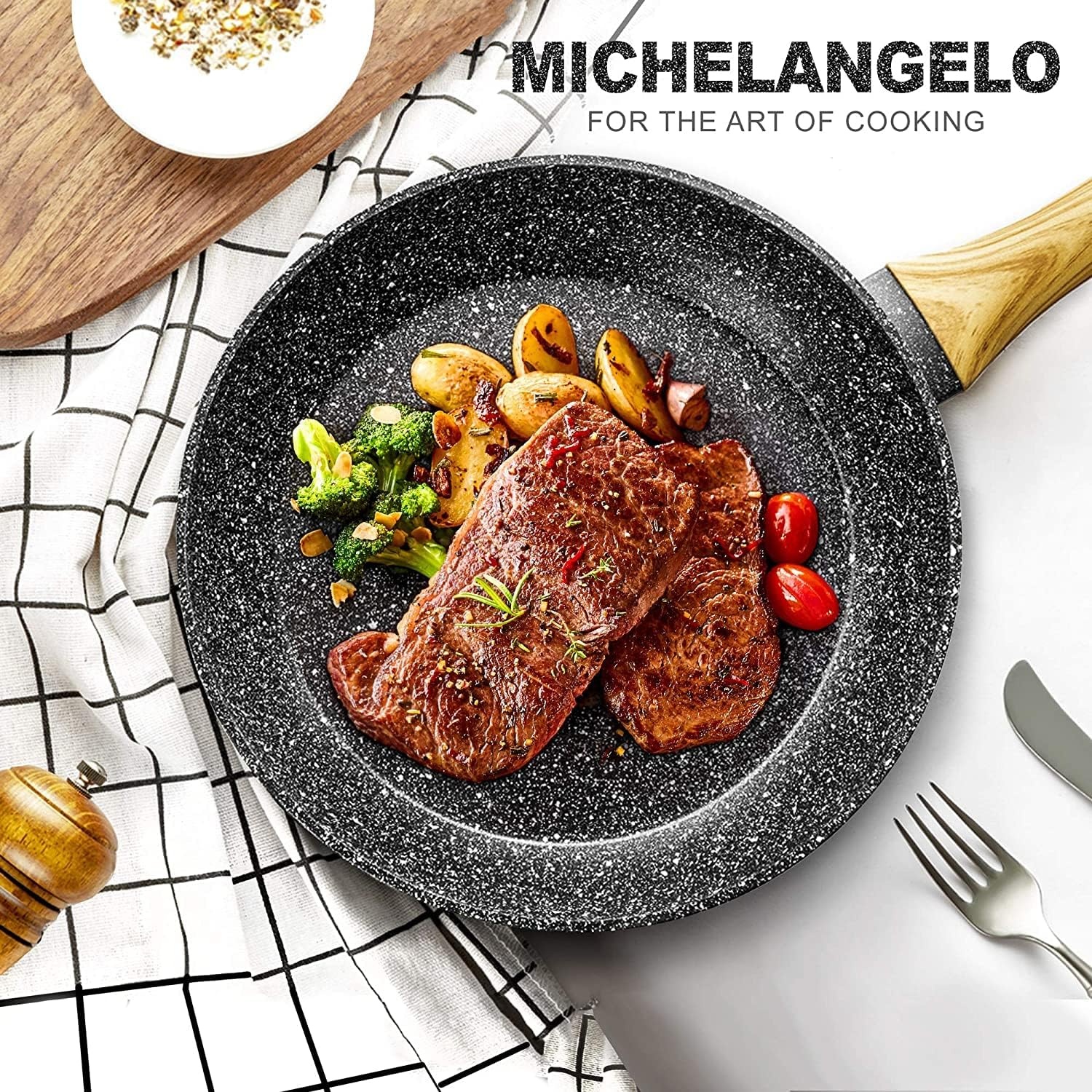 image:imageMICHELANGELO Stone Frying Pans Frying Pan Set With 100 APEO amp PFOAFree Stone Coating 89511 Nonstick Pans With Bakelite Handle Stone Skillets Set Nonstick Skillets